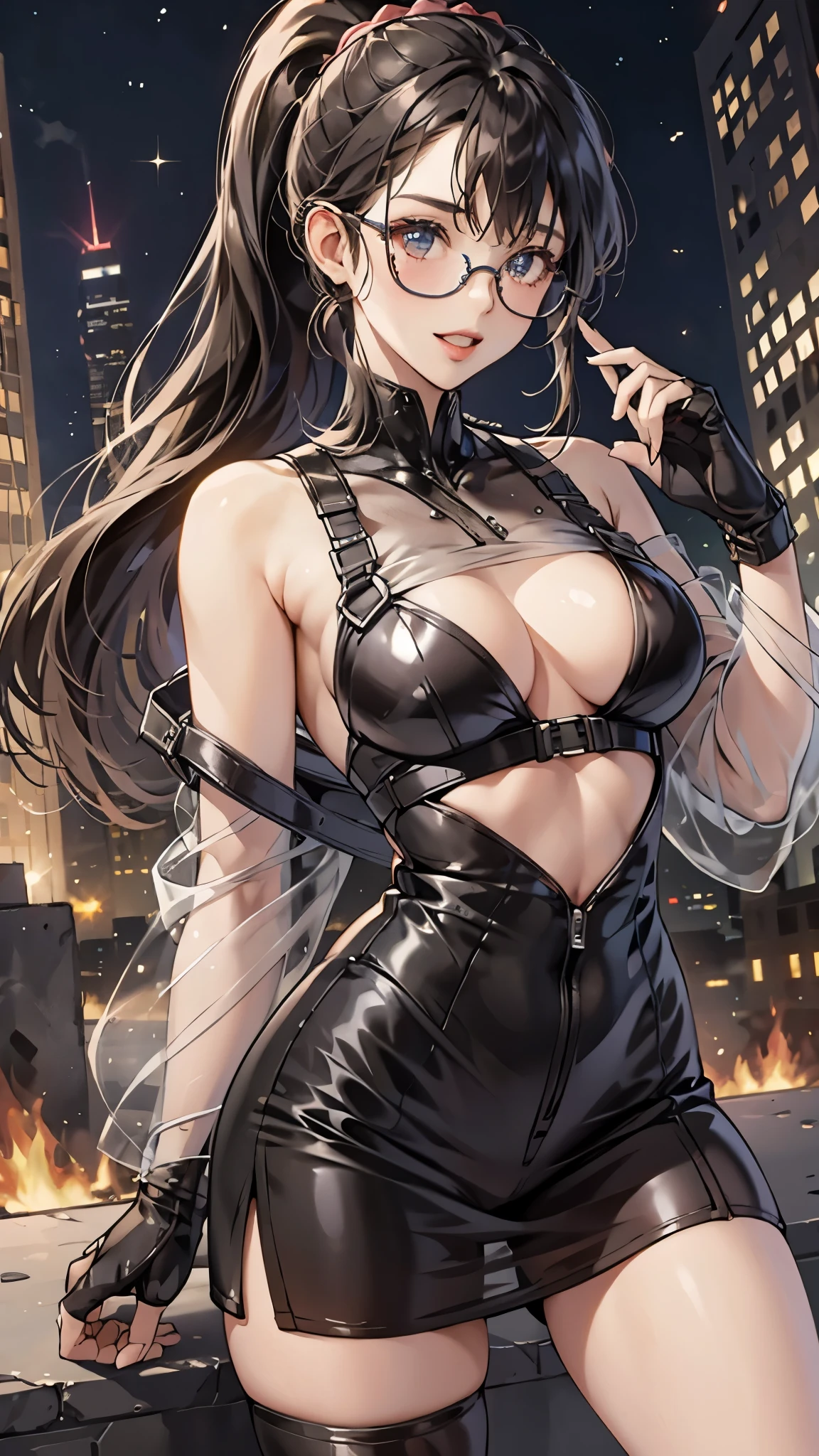 woman,20-year-old,,city,night,tight mini skirt bodysuit,(),open mouth smile((See-through))glasses,((beautiful long ponytail))