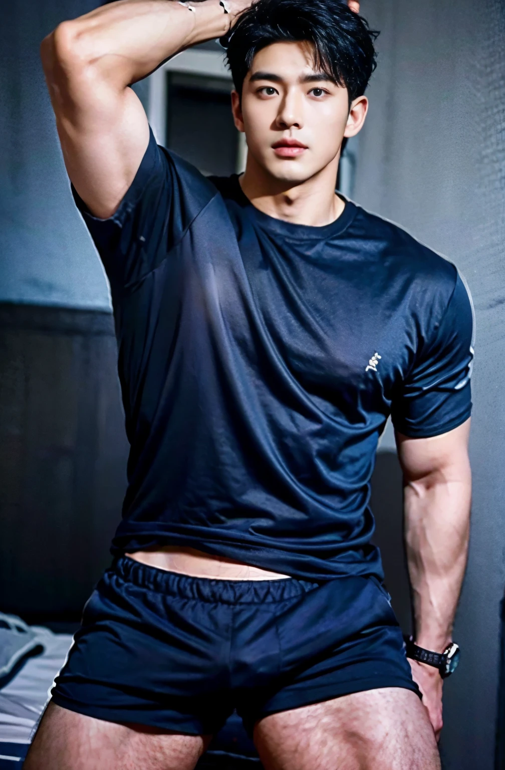 1 handsome Korean guy，28 years old，A man wearing a blue shirt and shorts,  navy blue, Sports T-shirt,  clothing in dark blue colors,,short sleeves, 金锦clothing in dark blue colors, Tennis wear, Masculine and handsome，male，High，Muscles look good，hairy body，Wheat complexion，black eyes（thin eyes 1：3），whole body image