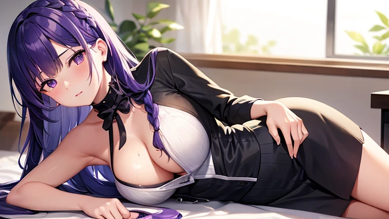 masterpiece, best quality, 1girl, solo, raiden shogun, long hair, purple hair, purple eyes, medium breasts, braided ponytail, hair ornament, blunt bangs, flowers, mole, mole under eye, sweat, Office top, Skirt, Office background, in Manager office, daylight, tired, Working, Black Bra