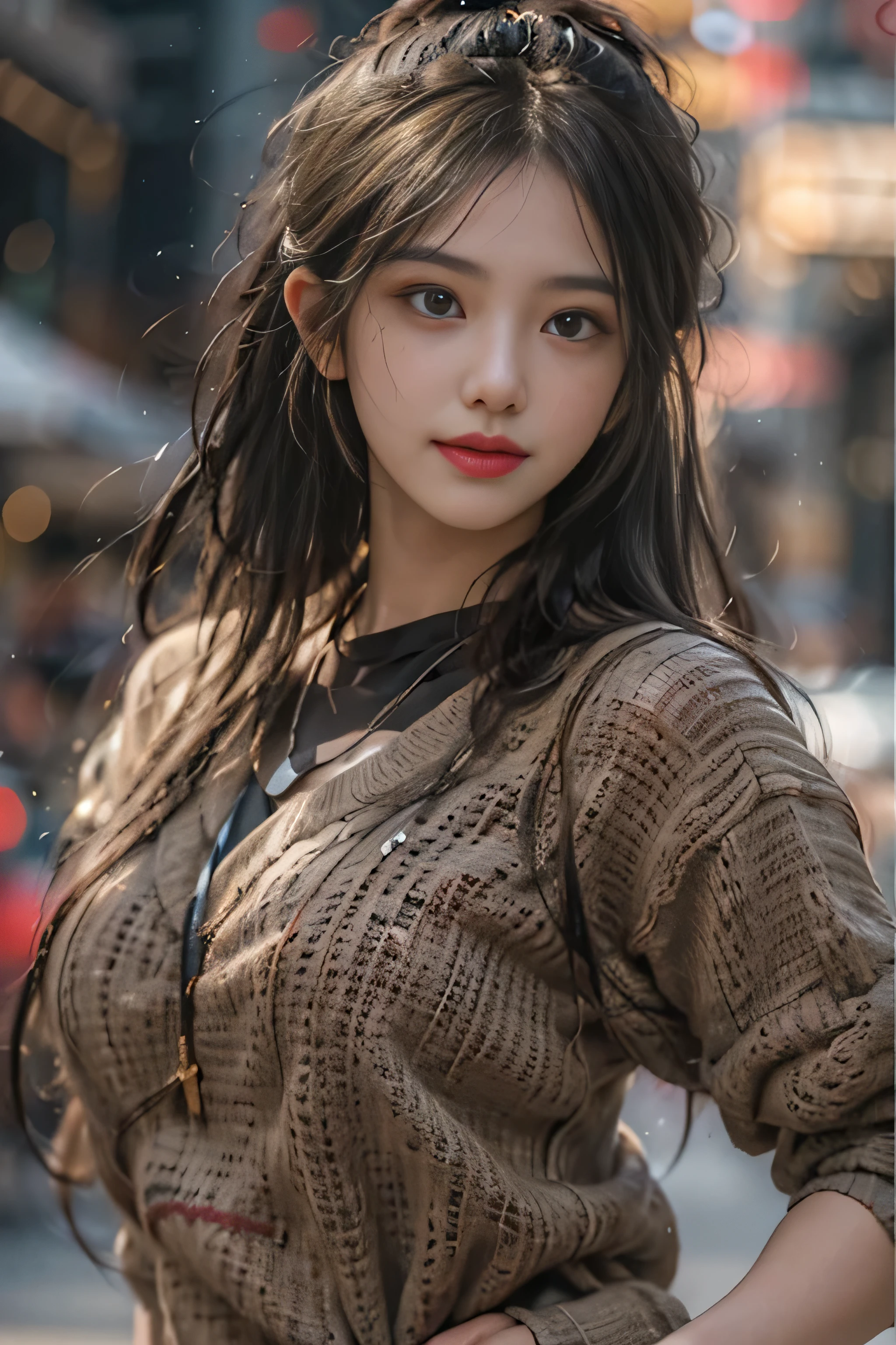 realistic, High resolution, soft light,1 female, alone, hip up, (detailed face), jewelry, street wear, Beautiful Soldier, Eyes that invite the viewer, spouse&#39;point of view, attractive appearance, sexy smile, perfect style, perfect balance, fine skin, naughty look, I can see your breasts