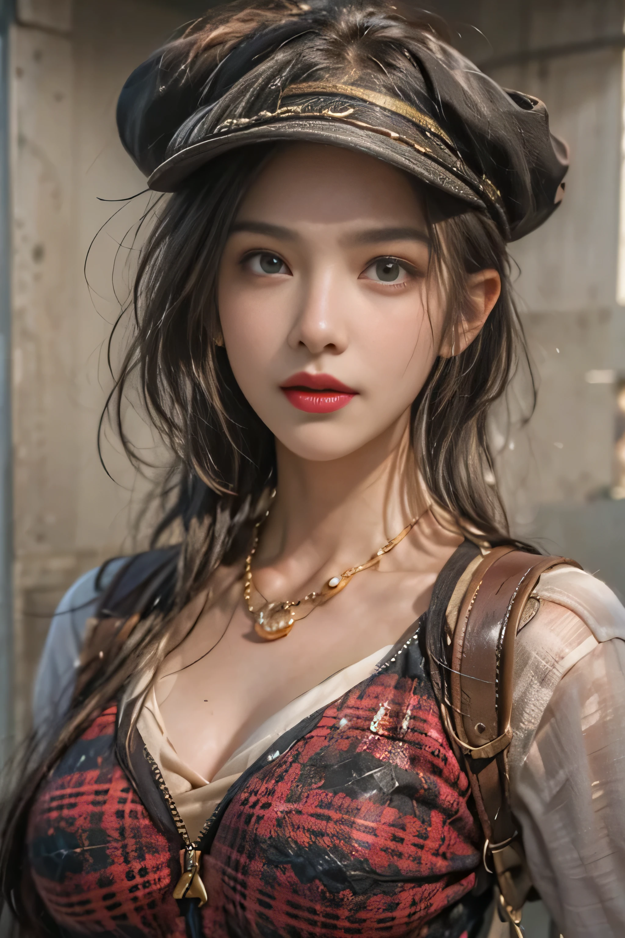 realistic, High resolution, soft light,1 female, alone, hip up, (detailed face), jewelry, street wear, Beautiful Soldier, Eyes that invite the viewer, spouse'point of view, attractive appearance, sexy smile, perfect style, perfect balance, fine skin, naughty look, I can see your breasts