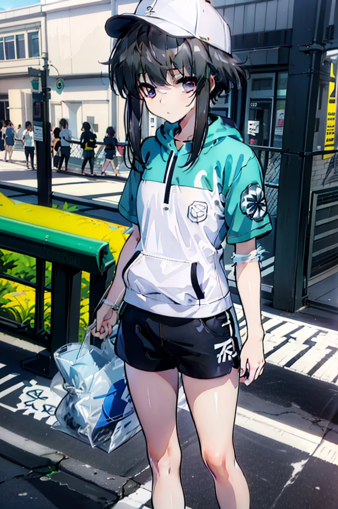 1 girl,å—å±±é›«,black hair,short hair with long locks,short hair,side lock,purple eyes,bangs,black hair,Short sleeve hoodie,No sleeve,hat,shorts,sneakers,In town,walk,sun,summer,noon
, exquisite visuals, High resolution,masterpiece,highest quality,