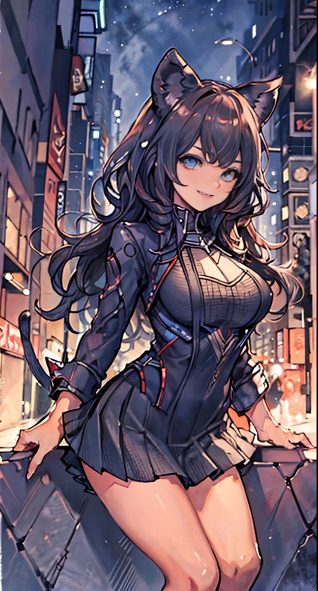 masterpiece, highest quality, High resolution, SA1, black panther beauty, Panther ears, casual clothes, mini skirt, smile, big breasts, 