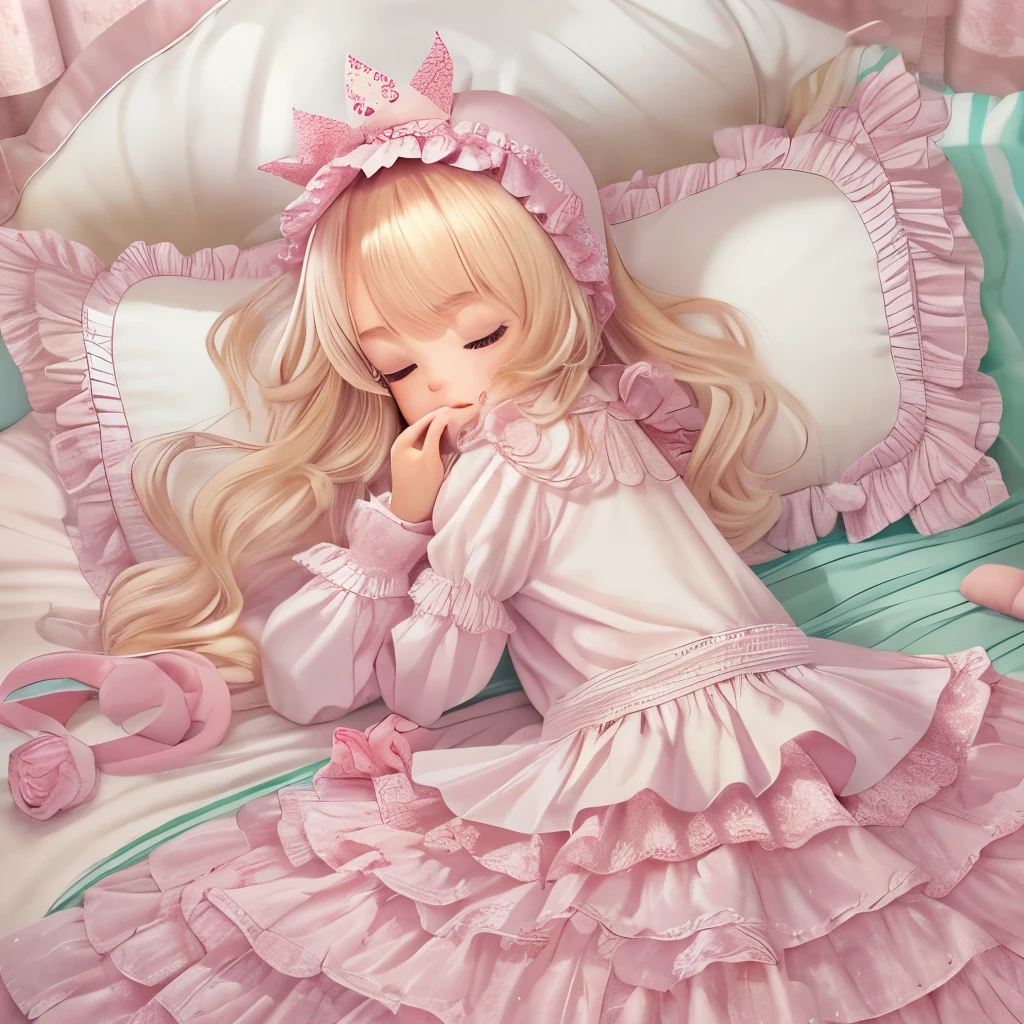highest quality, masterpiece, highest resolution, artwork, super be familiar with, many detailed, detailed, be familiar with, woman, 10 years old, pink bed,king size bed,canopy bed,pink frilled pillows,pink frilled curtain,pajama girl ,pink pajama frilled pajama,long skirt,frill and ribbon nightcap,long sleeve,Ruffled sleeves,blonde,Rolled hair,blue eyes,sleeping face,beautiful girls,Eyes closed,Plush pillow,Fluffy futon,ruffle futon,The girl is sleeping covered with a futon,