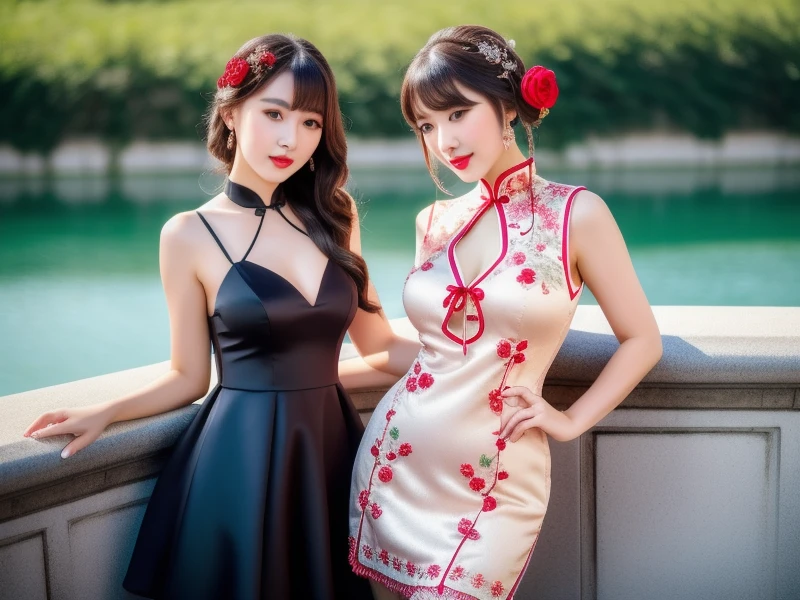 Two women in red dresses take pictures in the garden, beautiful gemini twins portrait,Colossal tits,爆乳,sakimichan hdri, beautiful gemini twins, ,Red silk dress, Fine embroidery of flowers,Cute elegant pose,Wearing a red cheongsam,Cheongsam with slit,Silk cheongsam,In red cheongsam