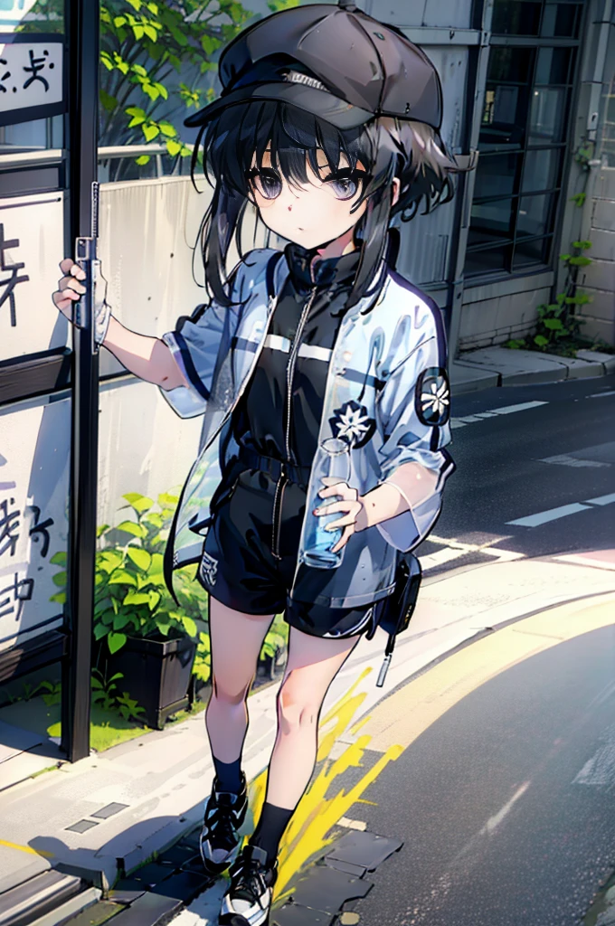1 girl,å—山雫,black hair,short hair with long locks,short hair,side lock,purple eyes,bangs,black hair,Short sleeve hoodie,No sleeve,hat,shorts,sneakers,In town,walk,sun,summer,noon, High resolution,masterpiece,highest quality,