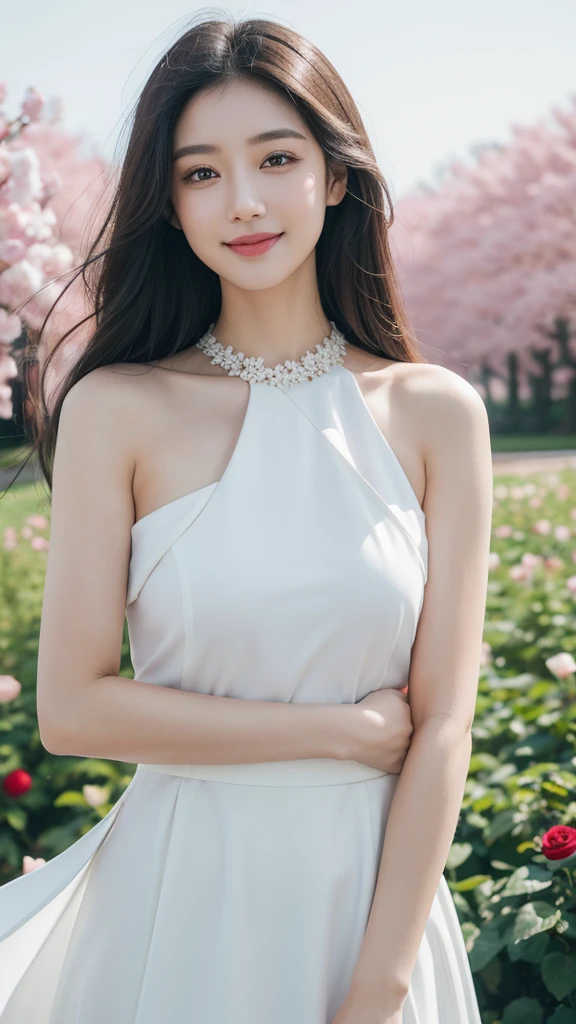 Vision, panoramic, view, depth of field, broken to pieces, Upper body, angle, masterpiece, best quality, Super detailed, CG, 8k wallpaper, pretty face, exquisite eyes, a girl, alone, Smile,black hair, black eyes, White skin, Hair,White evening dress, Rose田, red flower, Rose, flower field, petal, Flying petal, Smile着