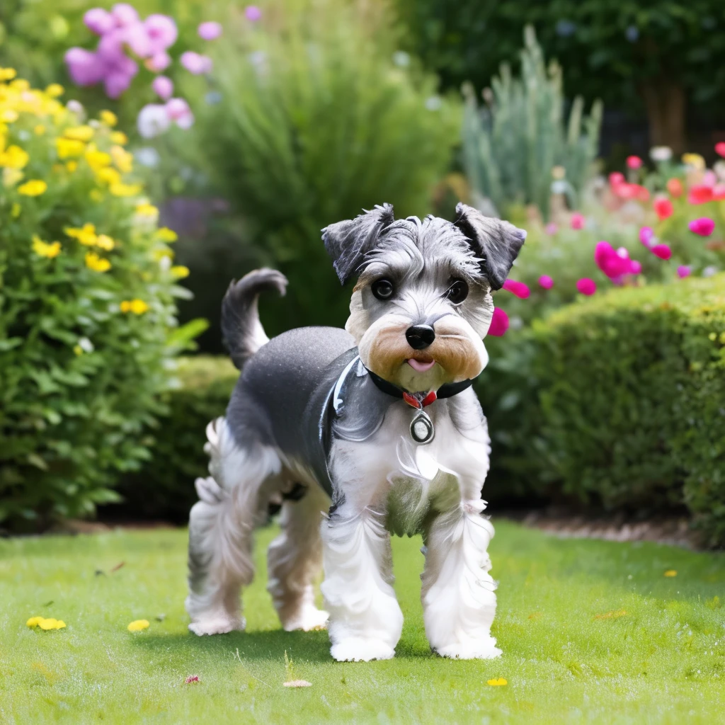 Large garden,Miniature Schnauzer，Are standing,