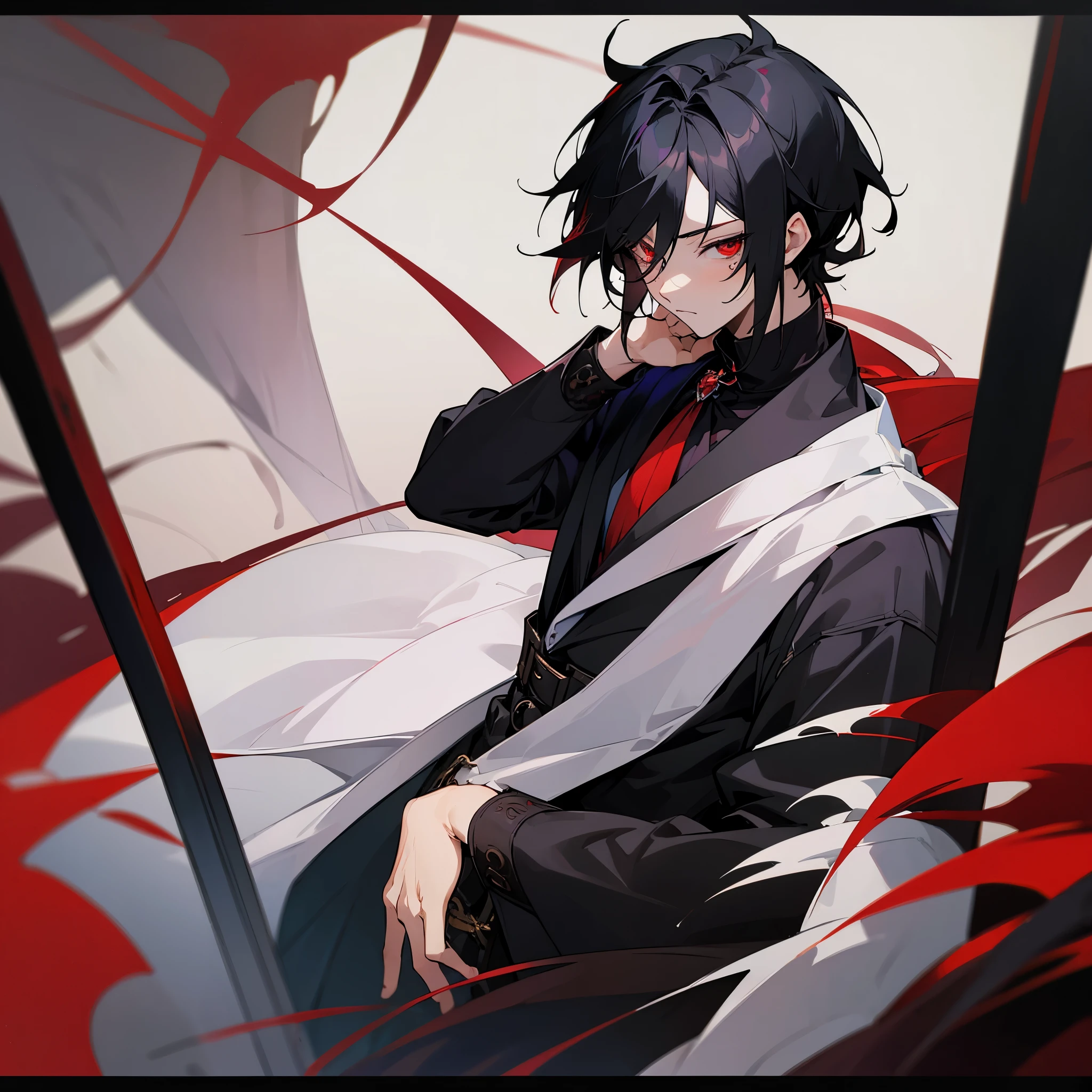 masterpiece, best quality, (anime boy:1.3), (anime style:1.3), black hair, red eyes, gothic clothes, (sexy), detailed eyes