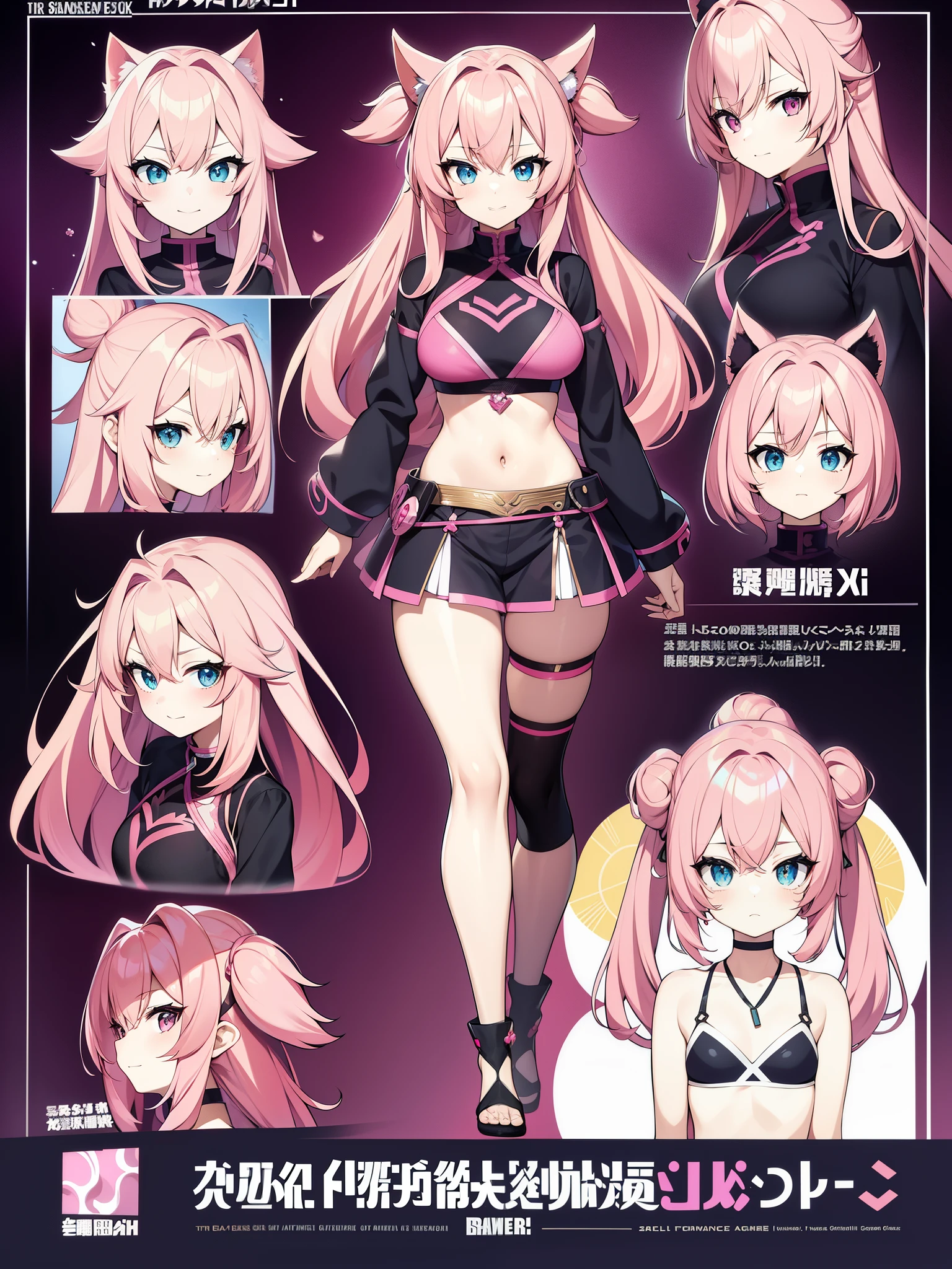 Pink hair and sama々Female anime character pose with facial expressions、詳細なanime character art、anime character art、ArtStation pixiv Trends、Anime Concept Art、Guweiz in Pixiv ArtStation、anime character design、anime figure、artstation Pix&#39;s guweiz、pink twintail hair and cyan eyes、pixiv style、Anime-style characters、white background、