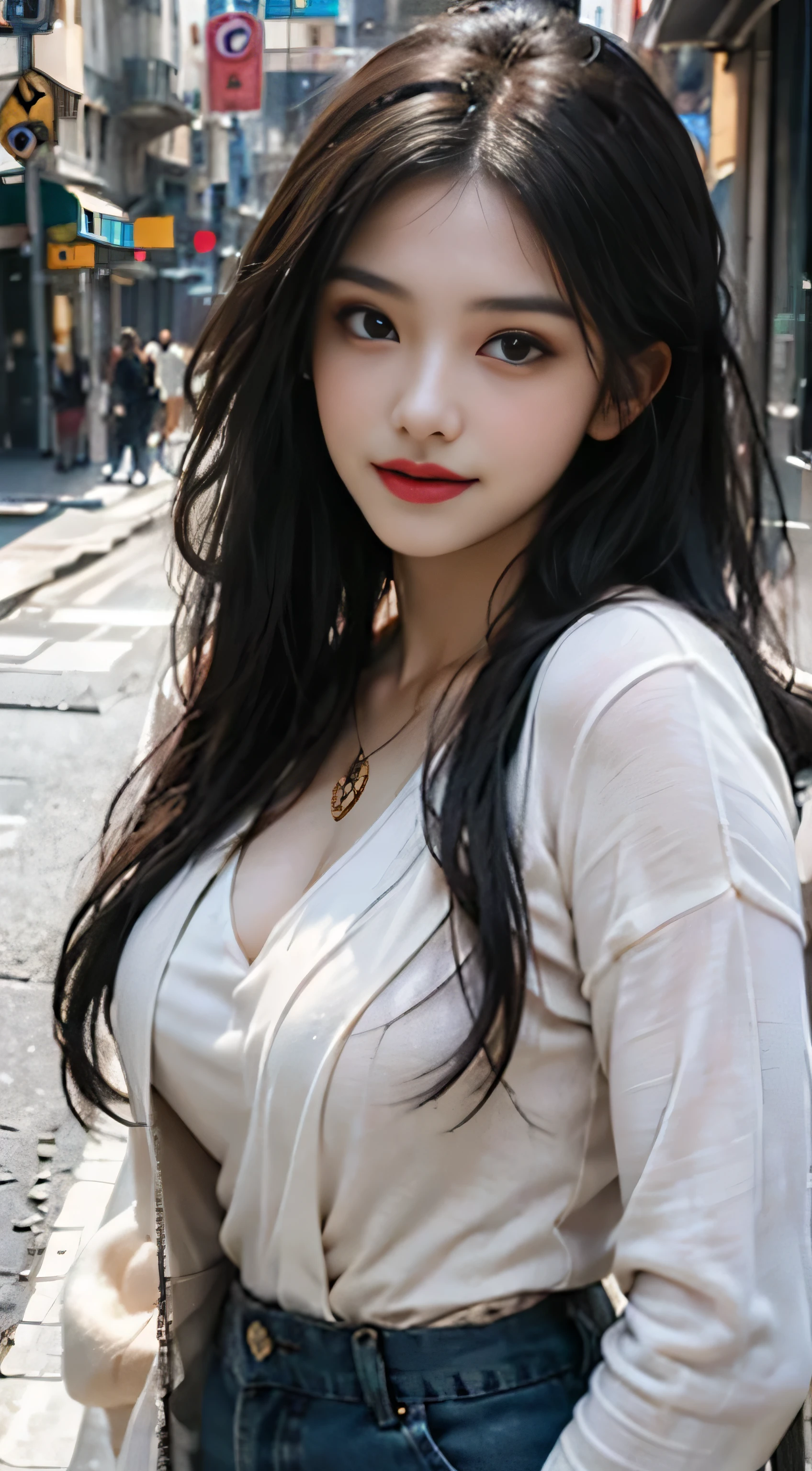 realistic, High resolution, soft light,1 female, alone, hip up, (detailed face), jewelry, street wear, Beautiful Soldier, Eyes that invite the viewer, spouse'point of view, attractive appearance, sexy smile, perfect style, perfect balance, fine skin, naughty look, I can see your breasts