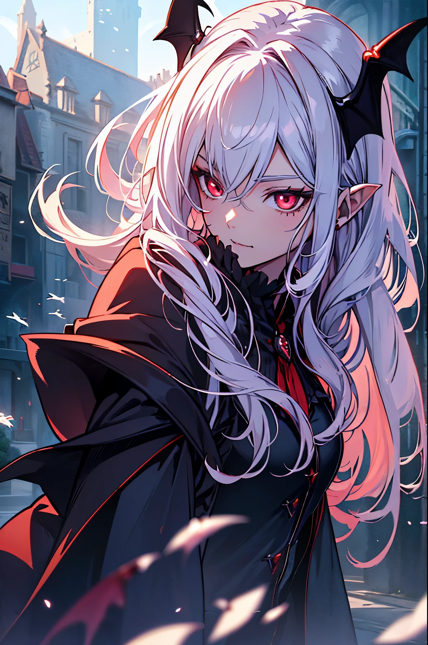 With white hair and Blue eyes,beautiful as a fairy,A cute expression that stirs affection,side face,floating hair,light particles,glare,vivid,fancy,dreamlike,a dim atomshpere, ((Vampire Girl)) ((Vampire Princess)) ((Dark Fantasy)) ((Red-Eyes))