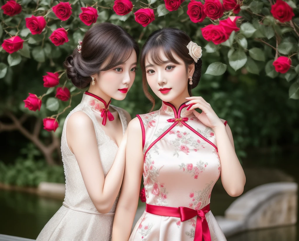 (High quality, 4k, HDR), tree beautiful girls,Lovers, Lesbians, Sexy Girl,bouquet red roses of flowers in hand,very bad image negative_v1.3,(huge breasts:1.1),red lips, glowing skin,big her curves,glamorous model,((A beautiful woman white dress near a body of water, chinese dress, gorgeous chinese model, wearing a pink cheongsam, chinese style, sexy dress, wearing an elegant dress, cheongsam, wearing pink dress, sexy black dress, chinese girl, wearing a white dress, beautiful silky dress, wearing a wonderful dress, traditional chinese,wedding dress)),(((Perfect female body, Willow waist))),hide five , best quality,glamorous model with (detailed eyes, detailed lips, extremely detailed eyes),Brunette Bob Hair,beautiful detailed eyes, hazel eyes, {{{{{sharp focus}}}}},Wearing a single red rose around the neck of a necklace,Wearing red and black lace dress,high-heels,blue eyes,(((Full body))))((anatomy correct)),Gorgeous and intricate lady style