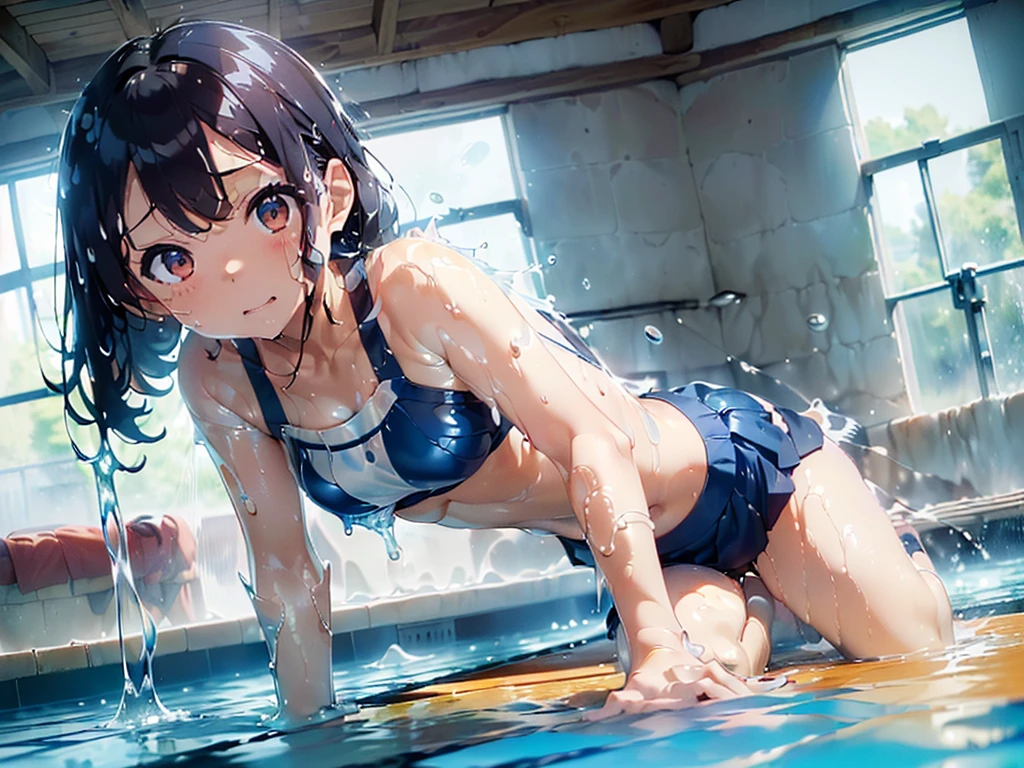 ((masterpiece)),highest quality,((real)),((((Po on all fours)))),orange camisole swimsuit(Super soaked,((navy blue mini skirt))),((indoor pool((water is slimy)))),((((((ぬるぬるローションでSuper soaked)))))),