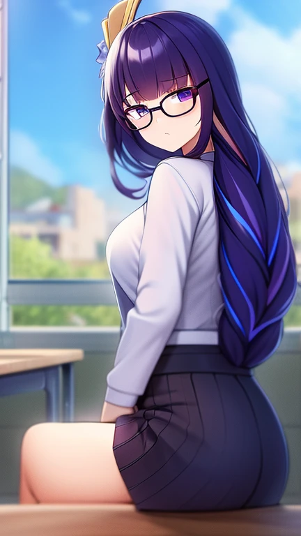 masterpiece, best quality, 1girl, solo, raiden shogun, long hair, purple hair, purple eyes, medium breasts, braided ponytail, hair ornament, blunt bangs, flowers, mole, mole under eye, sweat, School top, Skirt, School background, in Classroom, daylight, tired, Notebook, Glasses