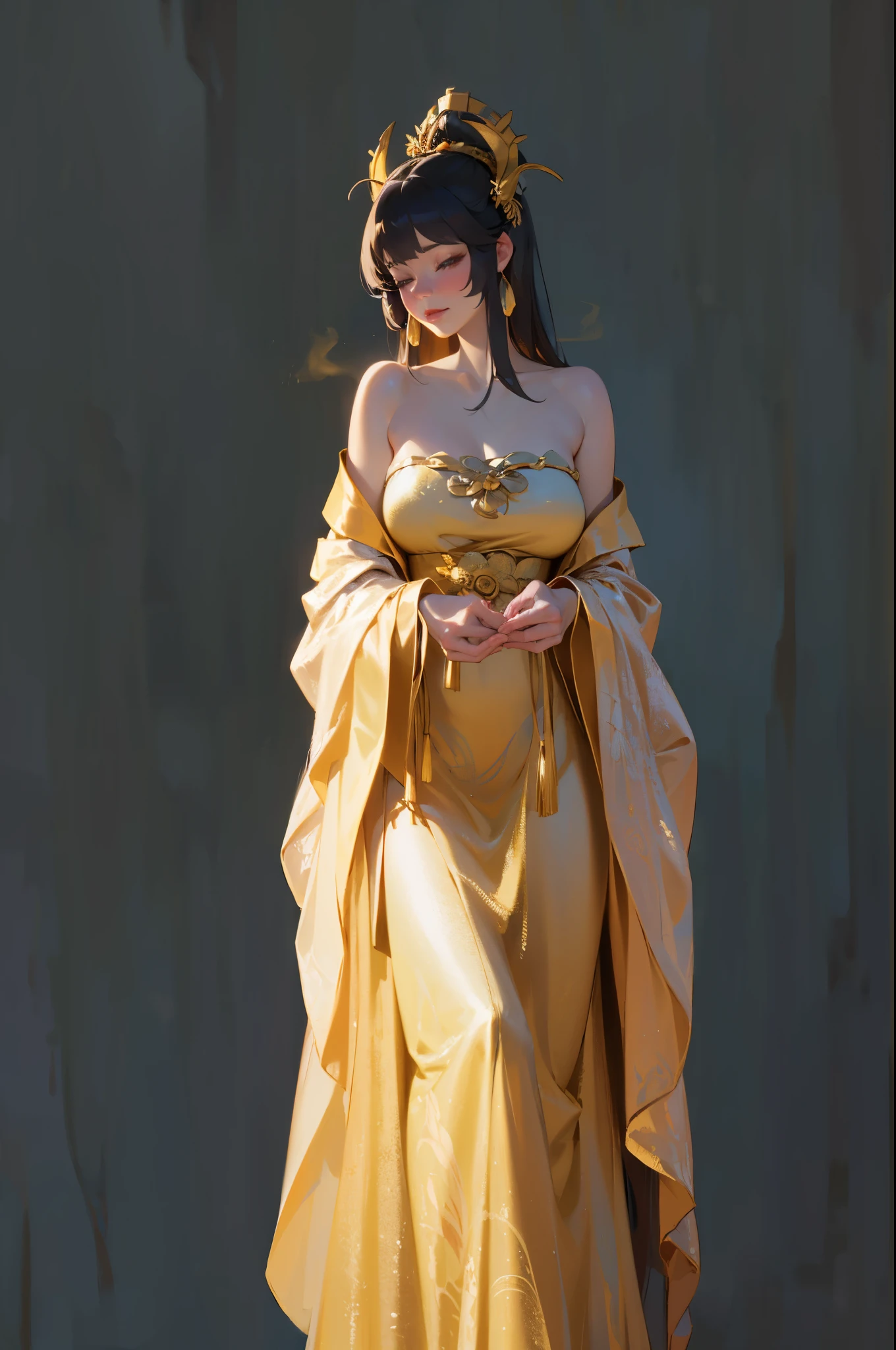 One wearing a dress、Close-up of woman with a flower in her hair, Wearing yellow gauze, Beautiful rendering of the Tang Dynasty, Wearing a luxurious silk cloak, gold robe, flowing robe, Wearing gilded robes, Wearing a tulle gold dress, flowing robe, chinese princess, flowing realistic fabric, wearing a robe, golden dress