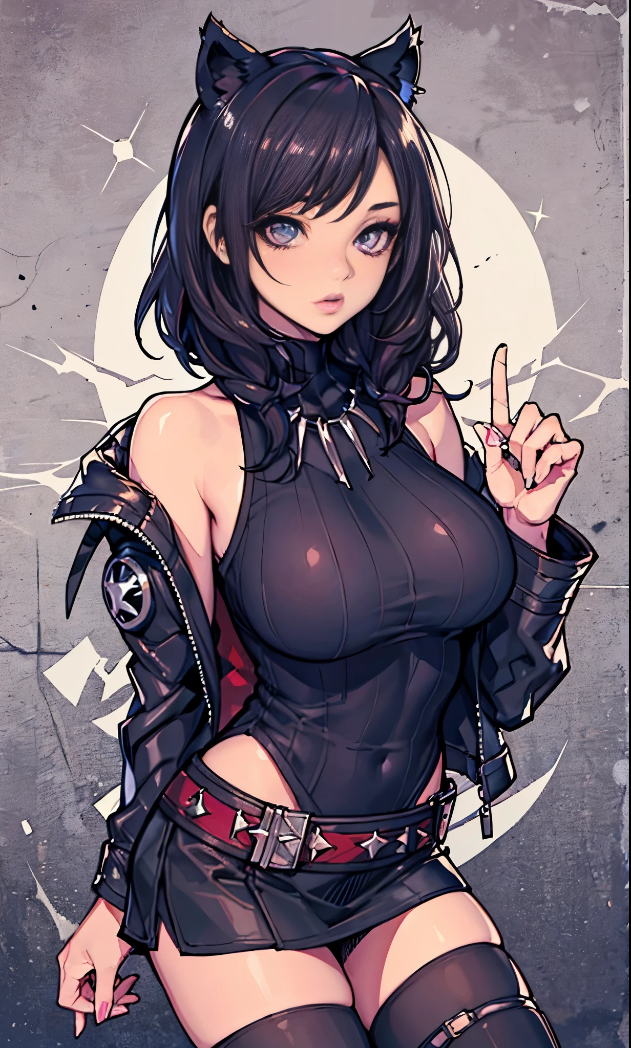 Beautiful woman, Sparkly eyes, false eyelashes, pink lips, big and full breasts, upper arm, Thumb and four fingers, anatomically correct fingers, detailed description, shiny skin, black panther beauty, Black panther ears, sexy, Tank top, Jacket, belt, mini skirt, black stockings,