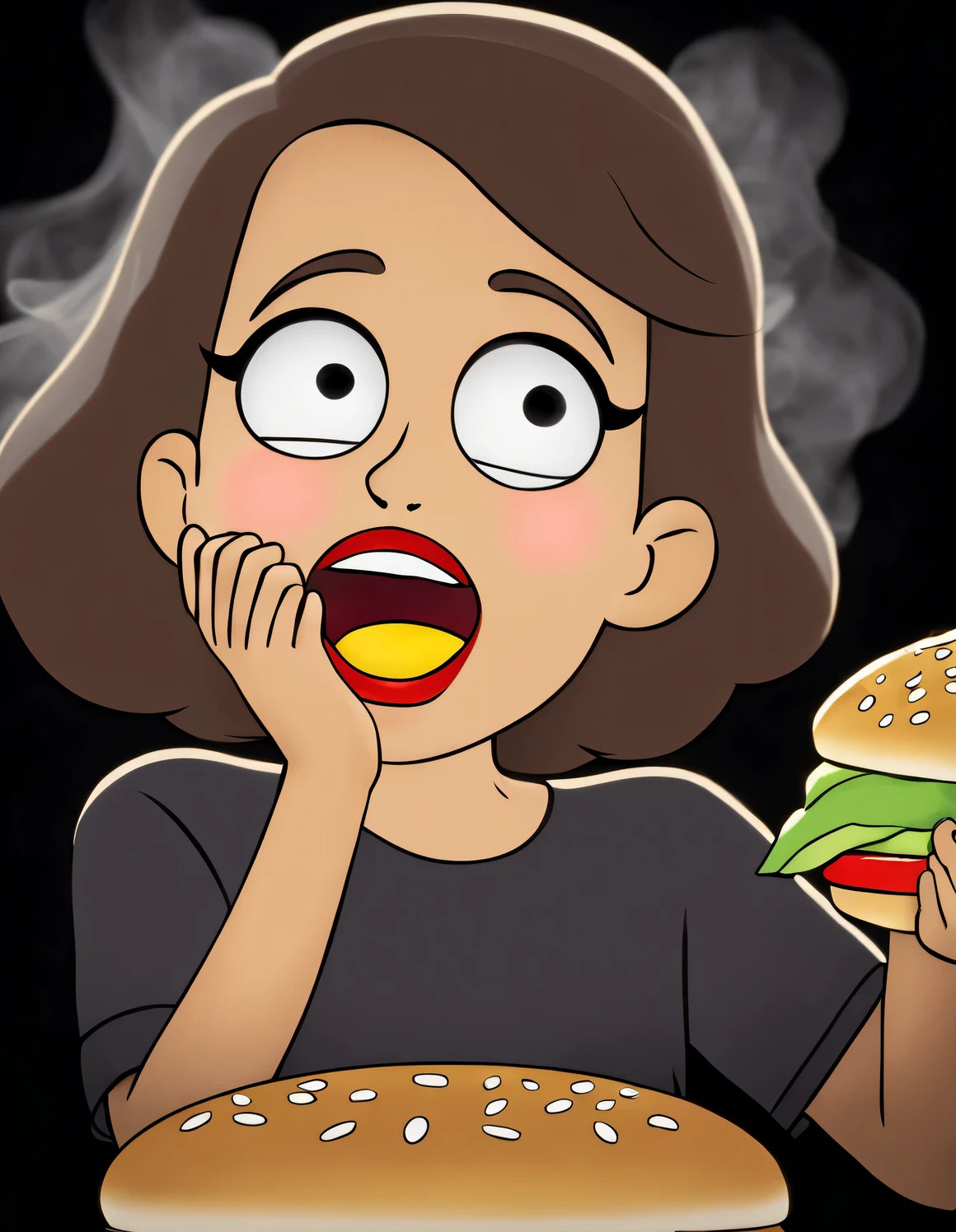 （Close-up of girl with big mouth eating Big Mac burger）， （Open your red mouth：1.2），dark background, quality photo, Studio photos, (Lots of smoke and heat：1.2),Finished hand，happy show，exaggerated expression，Shirley Temple