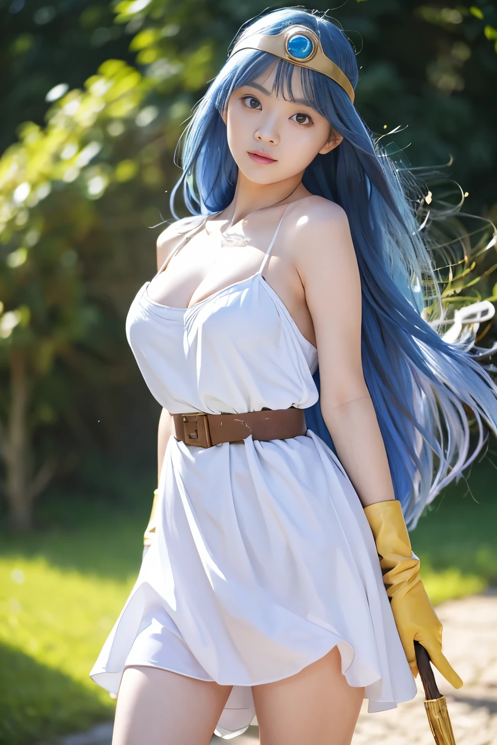 masterpiece、1 beautiful girl、fine eyes、puffy eyes、highest quality, 超High resolution, (reality: 1.4), movie lighting、Japanese、asian beauty、Korean、super beautiful、beautiful skin、body facing forward、close up of face、(超reality的な)、(High resolution)、(8K)、(very detailed)、(美しくfine eyes)、(Super detailed)、 (wall-)、detailed face、bright lighting、professional lighting、looking at the viewer、look straight ahead、slanted bangs、Bright light blue hair、Nogizaka idol、korean idol、fiery idol pose、、25 years old、masterpiece, highest quality, super detailed, figure, sage_(DQ3), 1 girl, (holding staff, staff:1.3), alone, long hair, blue hair, circlet, red eyes,small breasts, yellow gloves, white dress, belt, cape, boots, cleavage, bare shoulders, underwear, Are standing, Upper body, Grass, wind lift, simple background, white background
