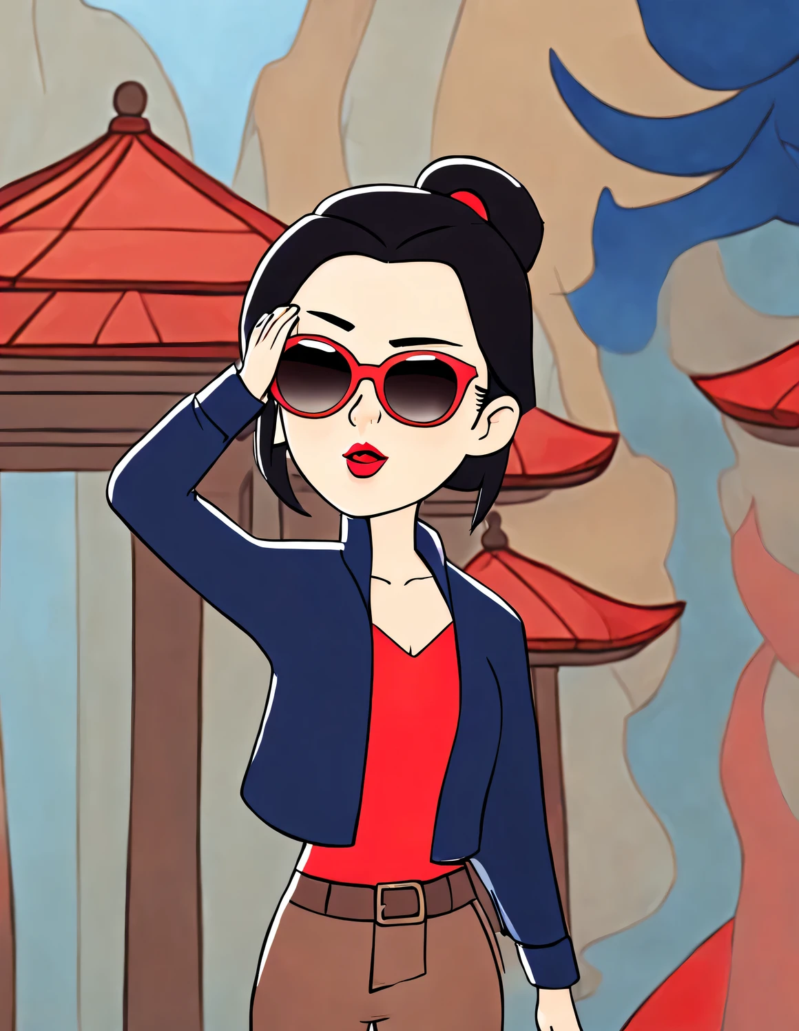(character idea), (Half-length close-up), (Beautiful Chinese girl waving her red high heels: 1.3), (Wearing large sunglasses,tie your hair into a bun: 1.2), A combination of classic and modern, Dark blue and brown sweater, jeans, scarf, Matching jackets with fashionable clothing, grace, Girl's skin is fair, flawless and smooth, high nose bridge, Head up posture, sad but beautiful, slender figure, Exquisite facial features, swirling fog illustration, ink painting, black hair, A ball head, proudly, Surrealism, contemporary art photography, action illustration, abstract expressionism, Pixar, depth of field, motion blur, backlight, radiation, decline, Head up angle, Sony FE General Manager, ultra high definition, masterpiece, precise, textured skin, Super details, high detail, high quality, Award-winning, best quality, grade, 16k, Photographed from a bottom-up angle,