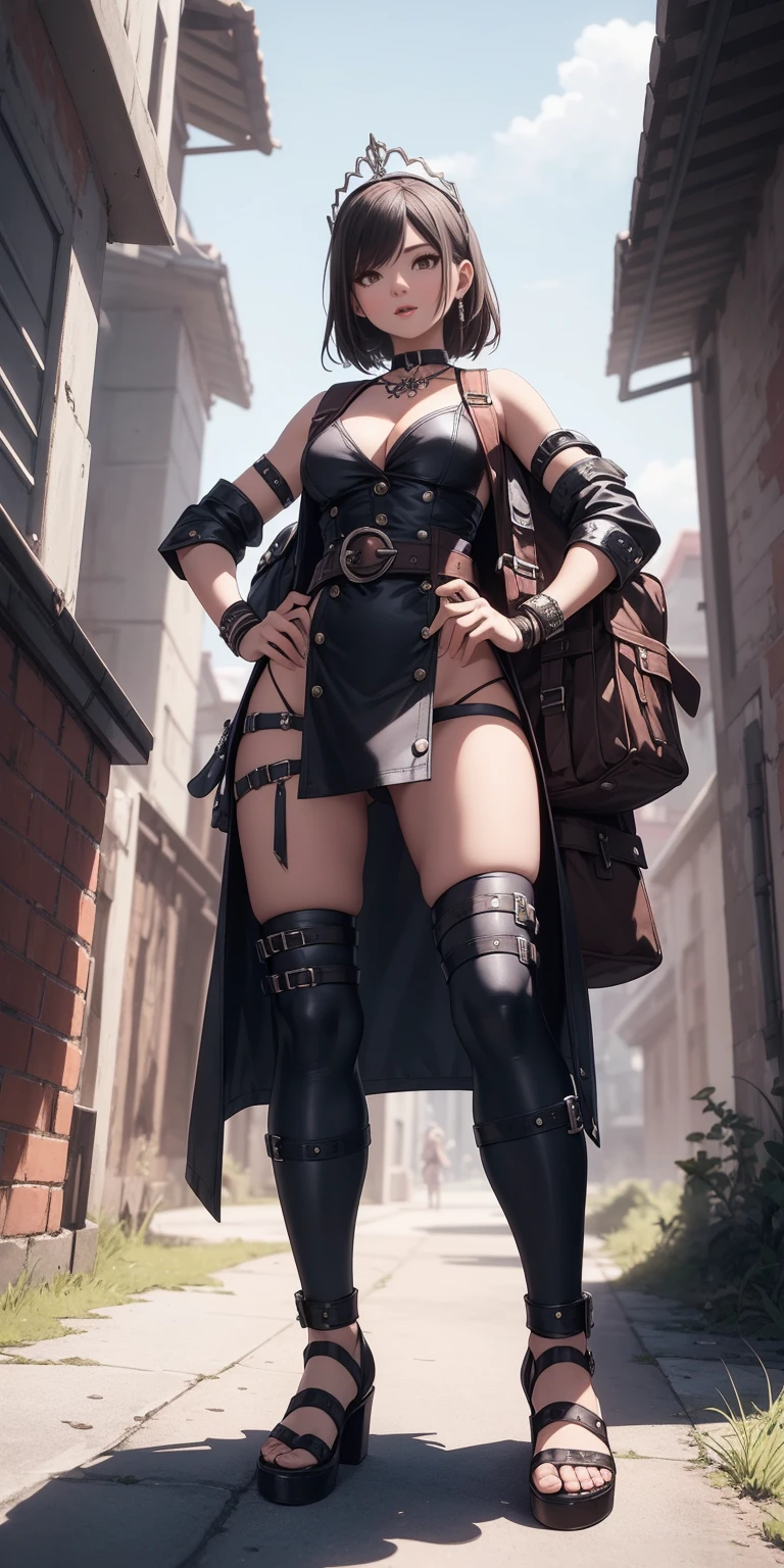 full body, whole body. 1solo (girl). slave fighter, loincloth standing, hands on hips full body, whole body. 1solo (girl). slave fighter, loincloth standing, hands on hips, metal sandals, backpack, choker, big belt, view from below, feet together, bracers, tiara