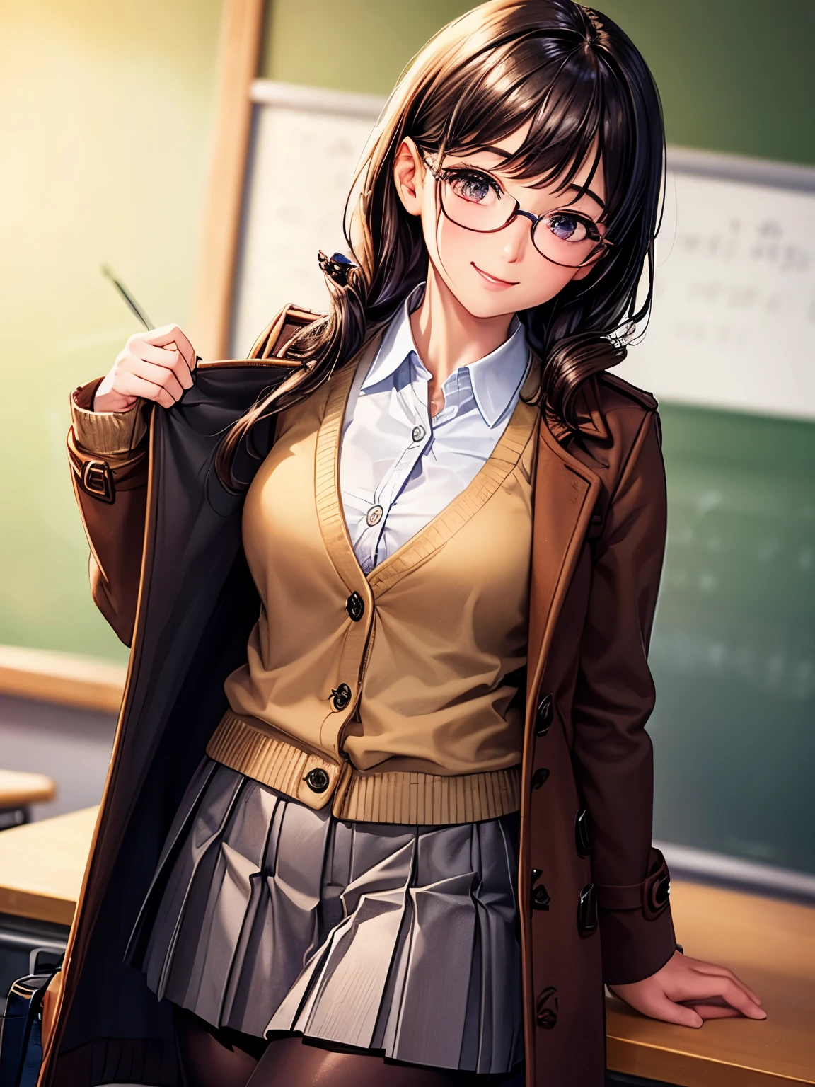 ((worst quality, low quality)), ((Close-up)), (with a girl:1.2), (black haired, Berry Short:1.3), (school uniform:1.2),(Wear a dark brown duffel coat on top.:1.4), (body fit beige cardigan:1.2), (white collared shirt underneath:1.3), ((raise button, Doesn't come loose):1.5),(red plaid pleated skirt:1.3), (cool glasses, under rim:1.2), ((dark brown pantyhose:1.2), plump and glossy lips, beautiful clear eyes, (best smile), head tilt, ((school classroom background)), high angle shot, muste piece, best quality, Super detailed, masterpiece,