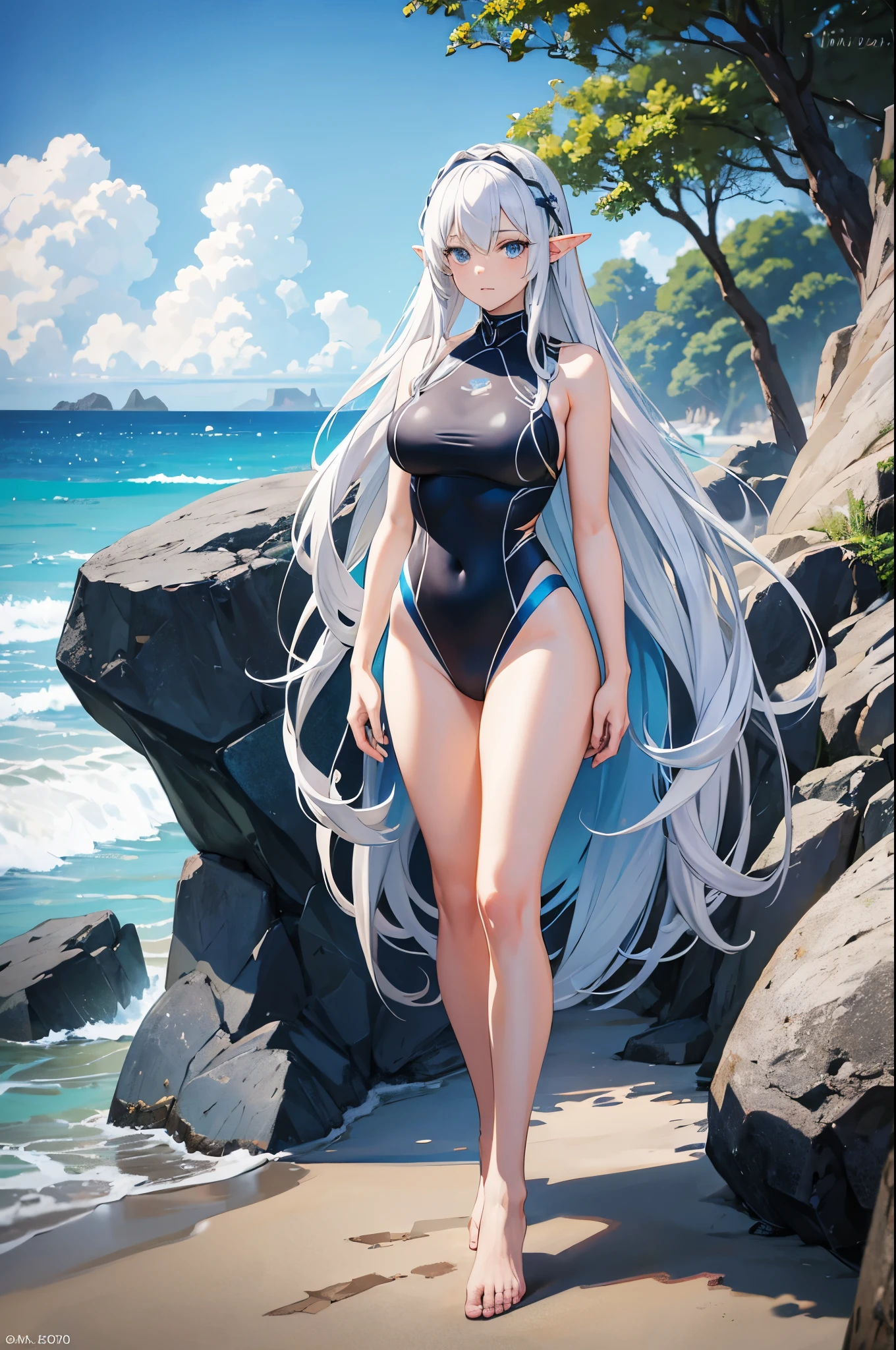 1woman, silver hair, long hair, elf, blue eyes, blue swimsuit, beach, standing on ground, high res, ultra sharp, 8K, masterpiece