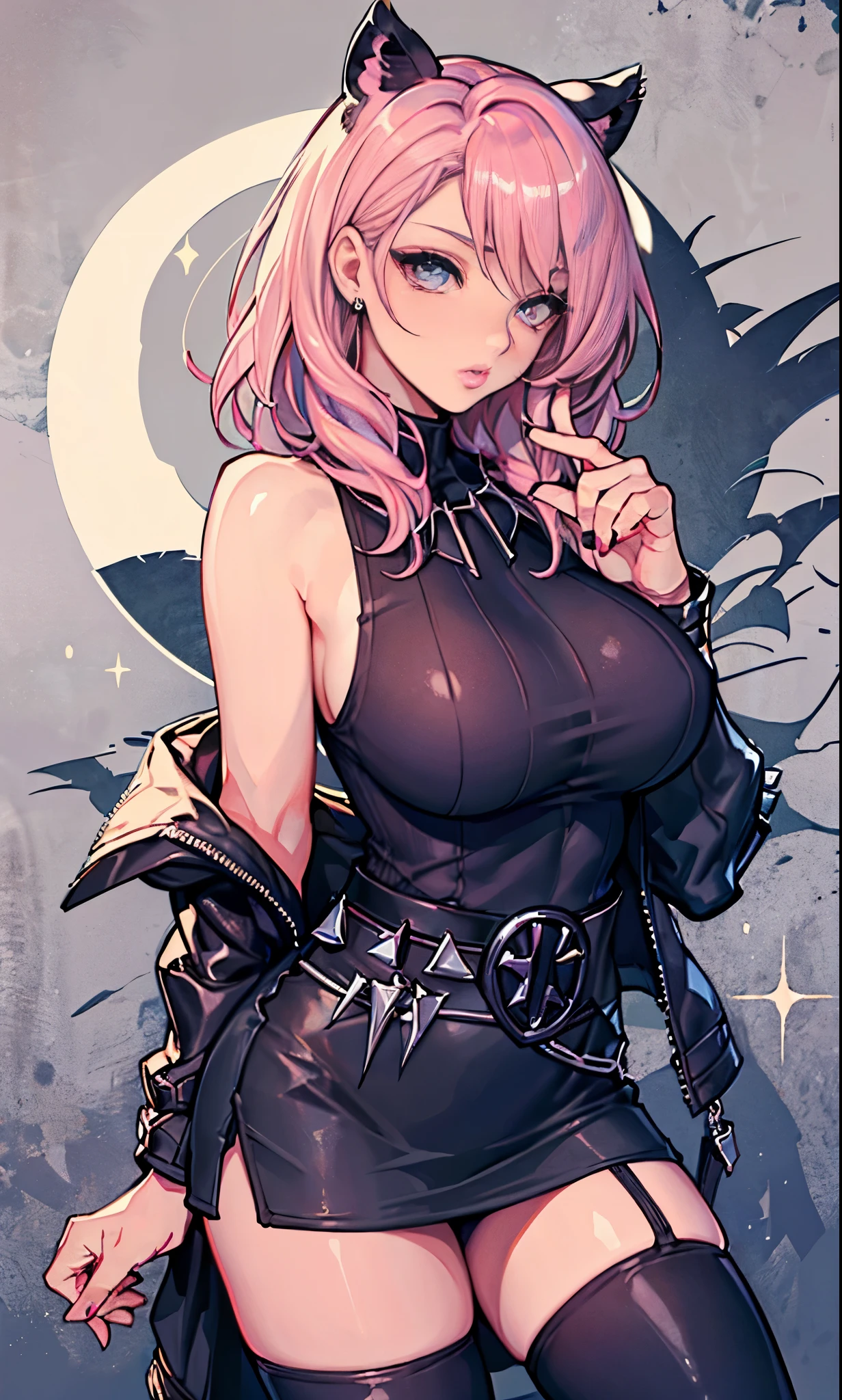 Beautiful woman, Sparkly eyes, false eyelashes, pink lips, big and full breasts, upper arm, Thumb and four fingers, anatomically correct fingers, detailed description, shiny skin, black panther beauty, Black panther ears, sexy, Tank top, Jacket, belt, mini skirt, black stockings,