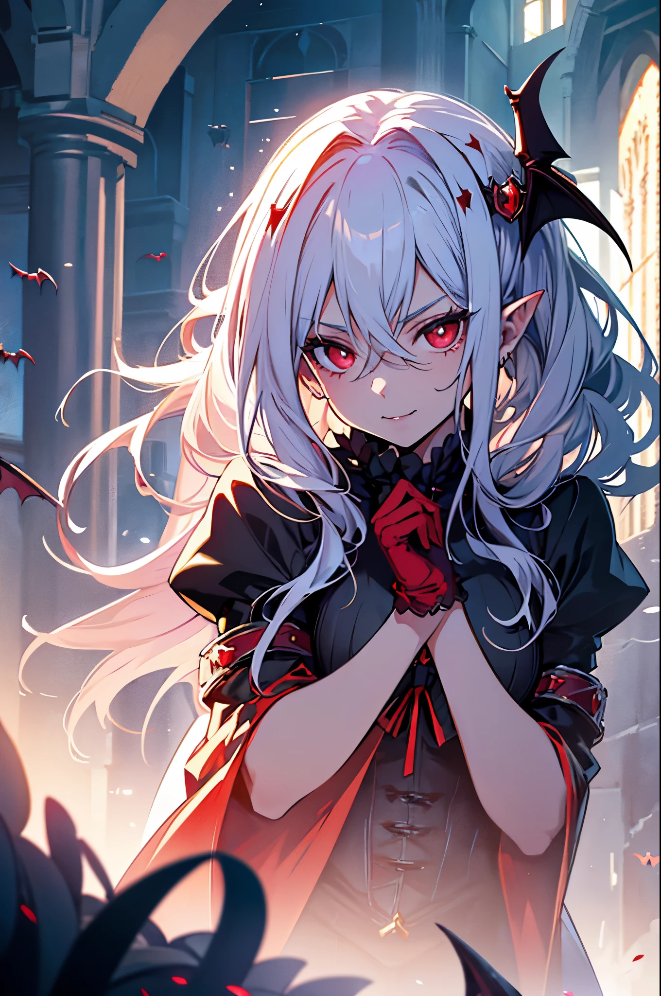 With white hair and Blue eyes,beautiful as a fairy,A cute expression that stirs affection,side face,floating hair,light particles,glare,vivid,fancy,dreamlike,a dim atomshpere, ((Vampire Girl)) ((Vampire Princess)) ((Dark Fantasy)) ((Red-Eyes))