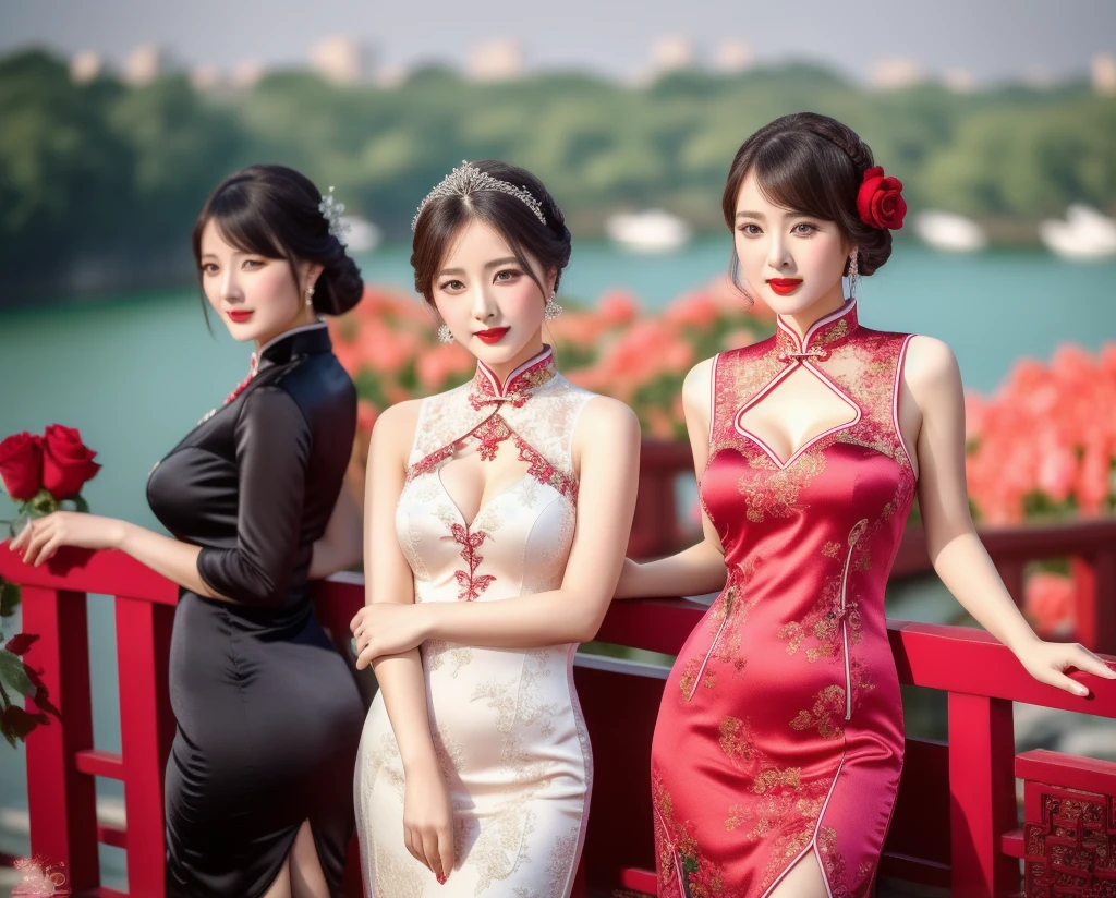 (High quality, 4k, HDR), Three girls, Three Lovers, Three Lesbians, Three Sexy Girl, bouquet red roses of flowers in hand,very bad image negative_v1.3,(huge breasts:1.1),red lips, glowing skin,big her curves,glamorous model,((A beautiful woman white dress near a body of water, chinese dress, gorgeous chinese model, wearing a pink cheongsam, chinese style, sexy dress, wearing an elegant dress, cheongsam, wearing pink dress, sexy black dress, chinese girl, wearing a white dress, beautiful silky dress, wearing a wonderful dress, traditional chinese,wedding dress)),(((Perfect female body, Willow waist))),hide five , best quality,glamorous model with (detailed eyes, detailed lips, extremely detailed eyes),Brunette Bob Hair,beautiful detailed eyes, hazel eyes, {{{{{sharp focus}}}}},Wearing a single red rose around the neck of a necklace,Wearing red and black lace dress,high-heels,blue eyes,(((Full body))))((anatomy correct)),Gorgeous and intricate lady style