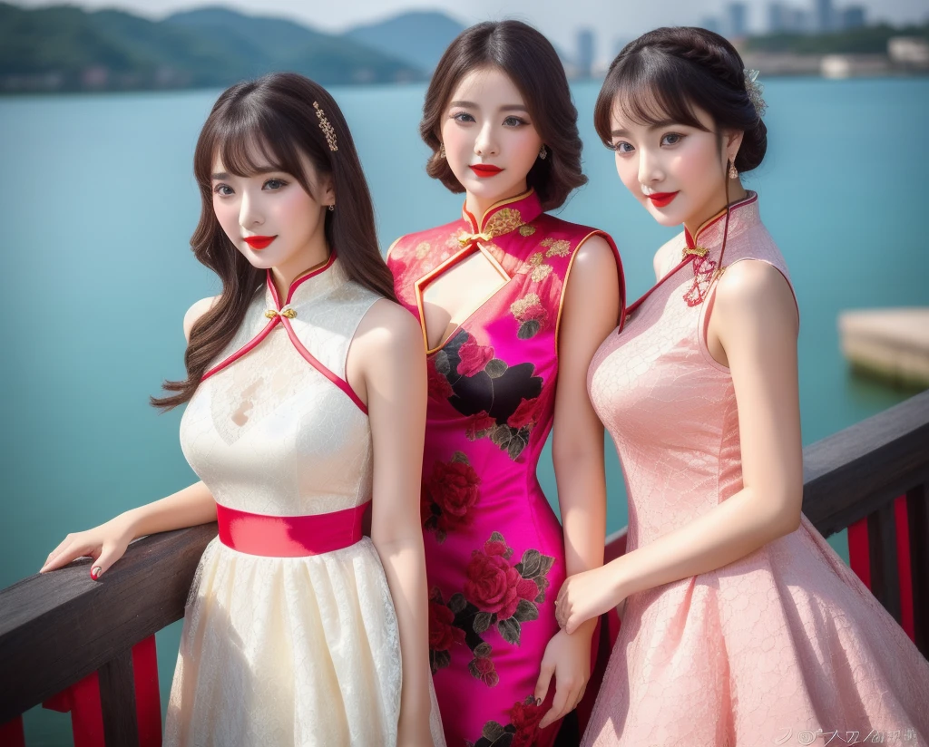 (High quality, 4k, HDR), Three girls, Three Lovers, Three Lesbians, Three Sexy Girl, bouquet red roses of flowers in hand,very bad image negative_v1.3,(huge breasts:1.1),red lips, glowing skin,big her curves,glamorous model,((A beautiful woman white dress near a body of water, chinese dress, gorgeous chinese model, wearing a pink cheongsam, chinese style, sexy dress, wearing an elegant dress, cheongsam, wearing pink dress, sexy black dress, chinese girl, wearing a white dress, beautiful silky dress, wearing a wonderful dress, traditional chinese,wedding dress)),(((Perfect female body, Willow waist))),hide five , best quality,glamorous model with (detailed eyes, detailed lips, extremely detailed eyes),Brunette Bob Hair,beautiful detailed eyes, hazel eyes, {{{{{sharp focus}}}}},Wearing a single red rose around the neck of a necklace,Wearing red and black lace dress,high-heels,blue eyes,(((Full body))))((anatomy correct)),Gorgeous and intricate lady style