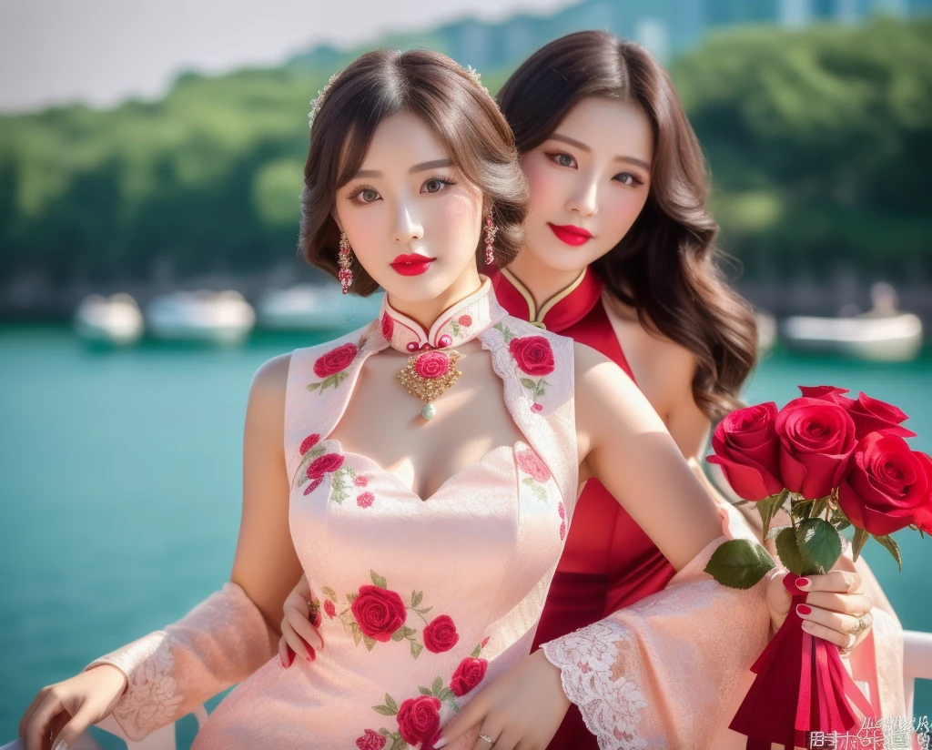 (High quality, 4k, HDR), Three girls, Three Lovers, Three Lesbians, Three Sexy Girl, bouquet red roses of flowers in hand,very bad image negative_v1.3,(huge breasts:1.1),red lips, glowing skin,big her curves,glamorous model,((A beautiful woman white dress near a body of water, chinese dress, gorgeous chinese model, wearing a pink cheongsam, chinese style, sexy dress, wearing an elegant dress, cheongsam, wearing pink dress, sexy black dress, chinese girl, wearing a white dress, beautiful silky dress, wearing a wonderful dress, traditional chinese,wedding dress)),(((Perfect female body, Willow waist))),hide five , best quality,glamorous model with (detailed eyes, detailed lips, extremely detailed eyes),Brunette Bob Hair,beautiful detailed eyes, hazel eyes, {{{{{sharp focus}}}}},Wearing a single red rose around the neck of a necklace,Wearing red and black lace dress,high-heels,blue eyes,(((Full body))))((anatomy correct)),Gorgeous and intricate lady style
