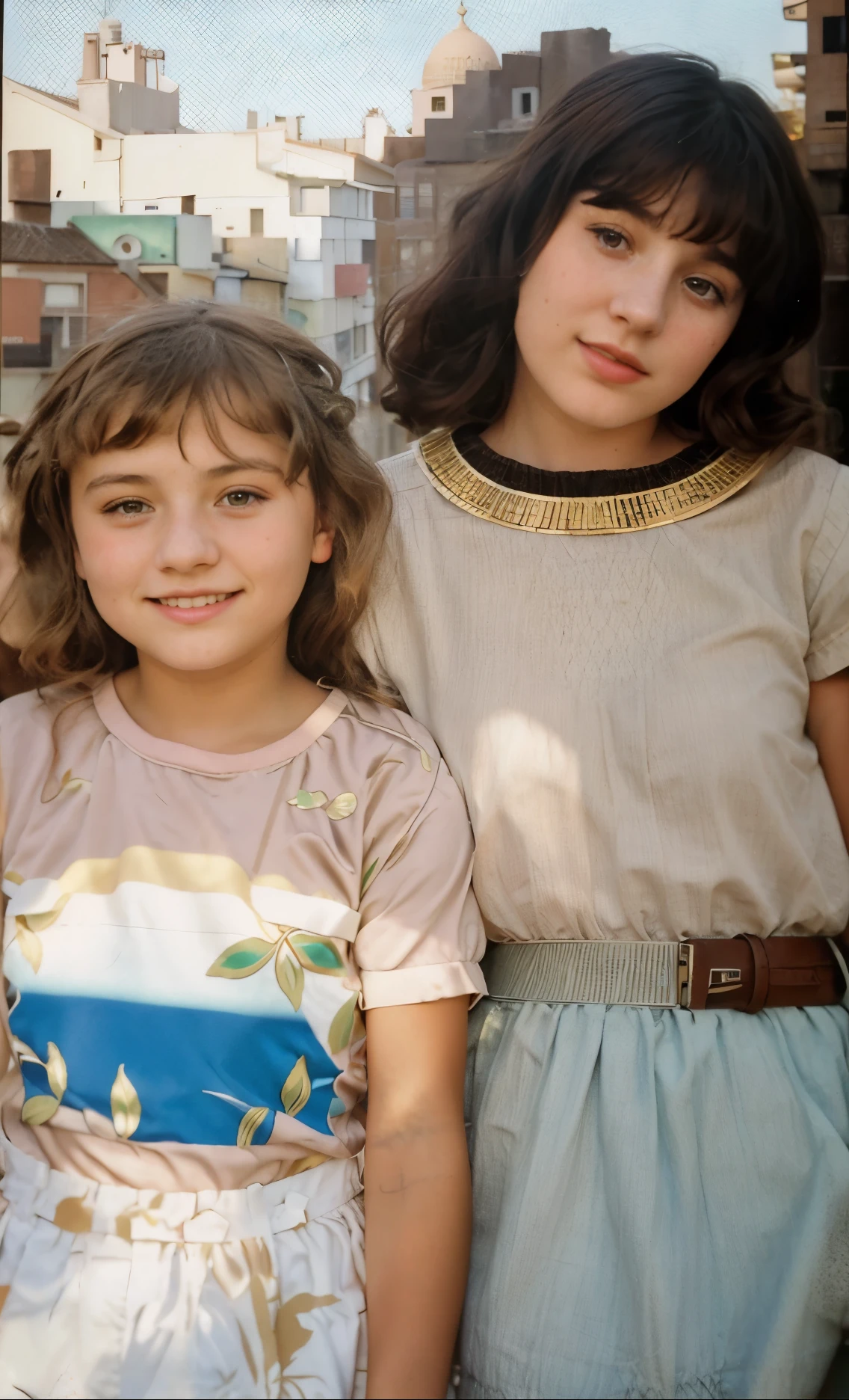 there are two young girls standing next to each other in a city, color portrait, two girls, coloured photo, old color photograph, a colorized photo, colored photo, in thomas ruff style, sisters, detailed color scan, detailed color portrait, photochrom print, colour portrait photograph, petra collins and mc. escher, retro 1 9 7 0 s kodachrome