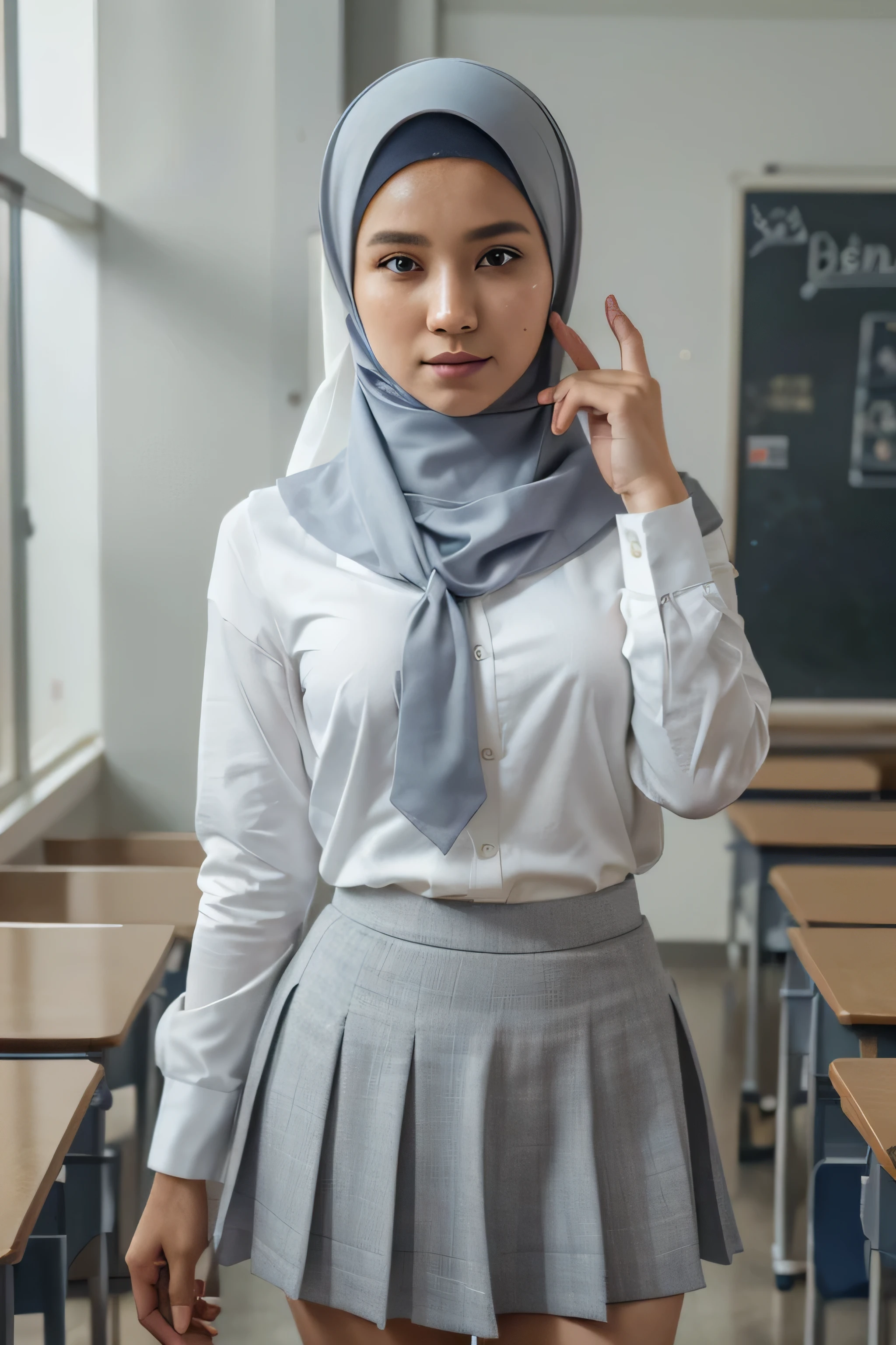 ((best quality)), ((masterpiece)), (detailed), 1girl, indonesian, detail face, perfect face, perfect anatomy, perfect body, wearing white hijab, wear long grey petticoat, white longhand shirt, in classroom, small breast, perfect finger, four finger and one thumb, white uniform, many girls on background class,