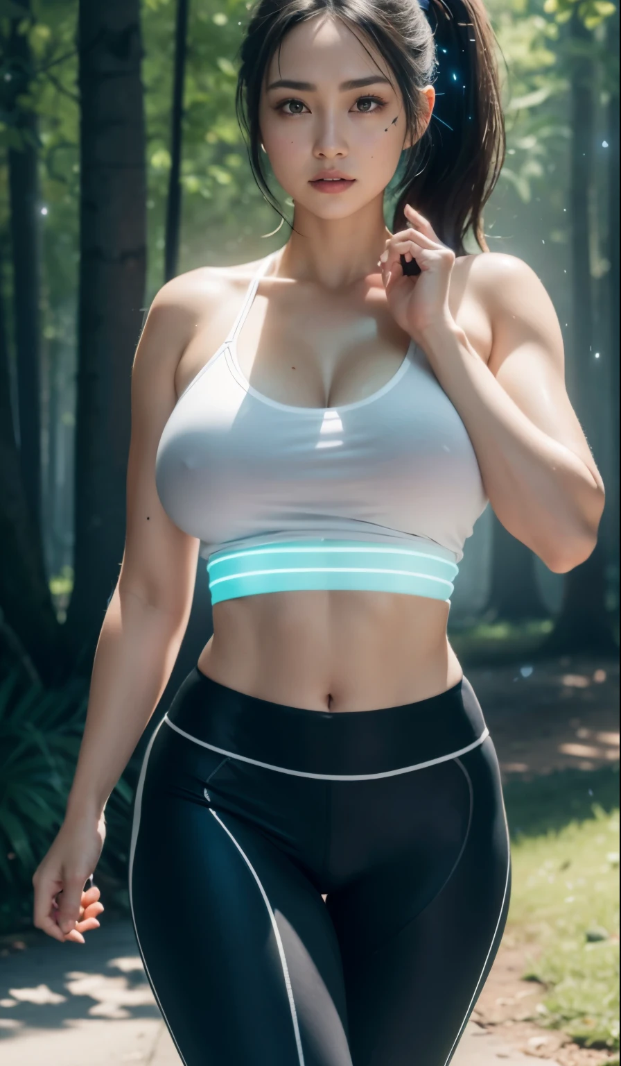 1 girl, mature girl, 40 years old, beautiful eyes, red face, slightly open lips, full and symmetrical , natural big , pokies, bulging , tight sports shirt, white skinny yoga pants, cameltoes, detailed lines between the thighs, white sneakers, long black hair, high ponytail, belt, tattoo, running track, park, jungle, lake,  close-up, hip close-up, HDR (High Dynamic Range), ray tracing, NVIDIA RTX, Super Resolution, Unreal 5, Subsurface scattering, PBR textures, Post processing, Anisotropic filtering, Depth of field , Maximum sharpness and sharpness, Multi-layer textures, Albedo and specular maps, Surface shading, Accurate simulation of light-material interactions, Octane rendering, Duotone lighting, Low ISO, White balance, Rule of thirds, Large aperture, 8K RAW, High efficiency sub-pixel, Subpixel convolution, (Glow particles: 1.4), {{Masterpiece, Best Quality, Extremely detailed CG, Unity 8k wallpaper, 3D, cinematic lighting, lens flare}},