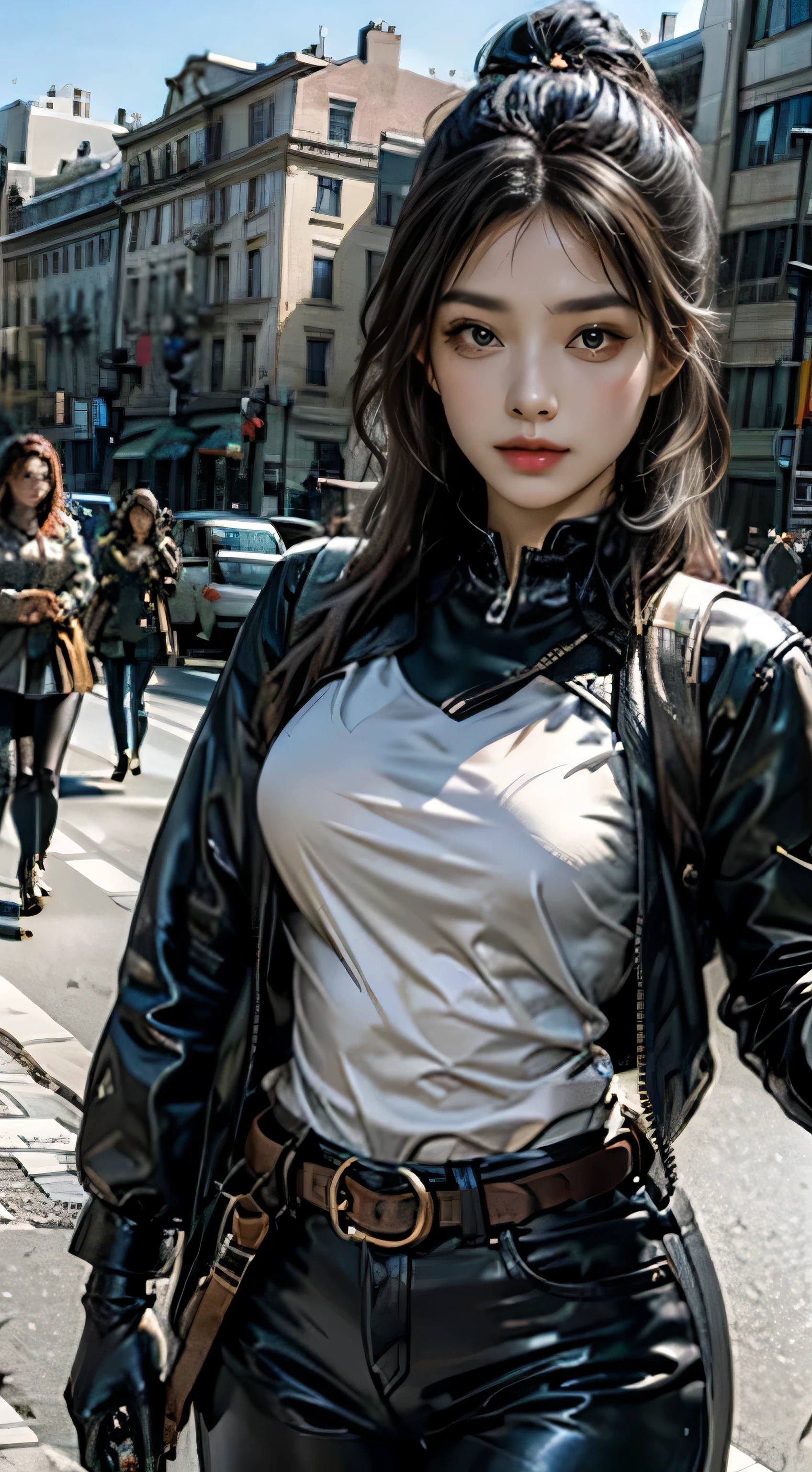 realistic, High resolution, 1 female, alone, sexy, hip up, show viewer, (detailed face), Swat Vest, gun, jewelry,