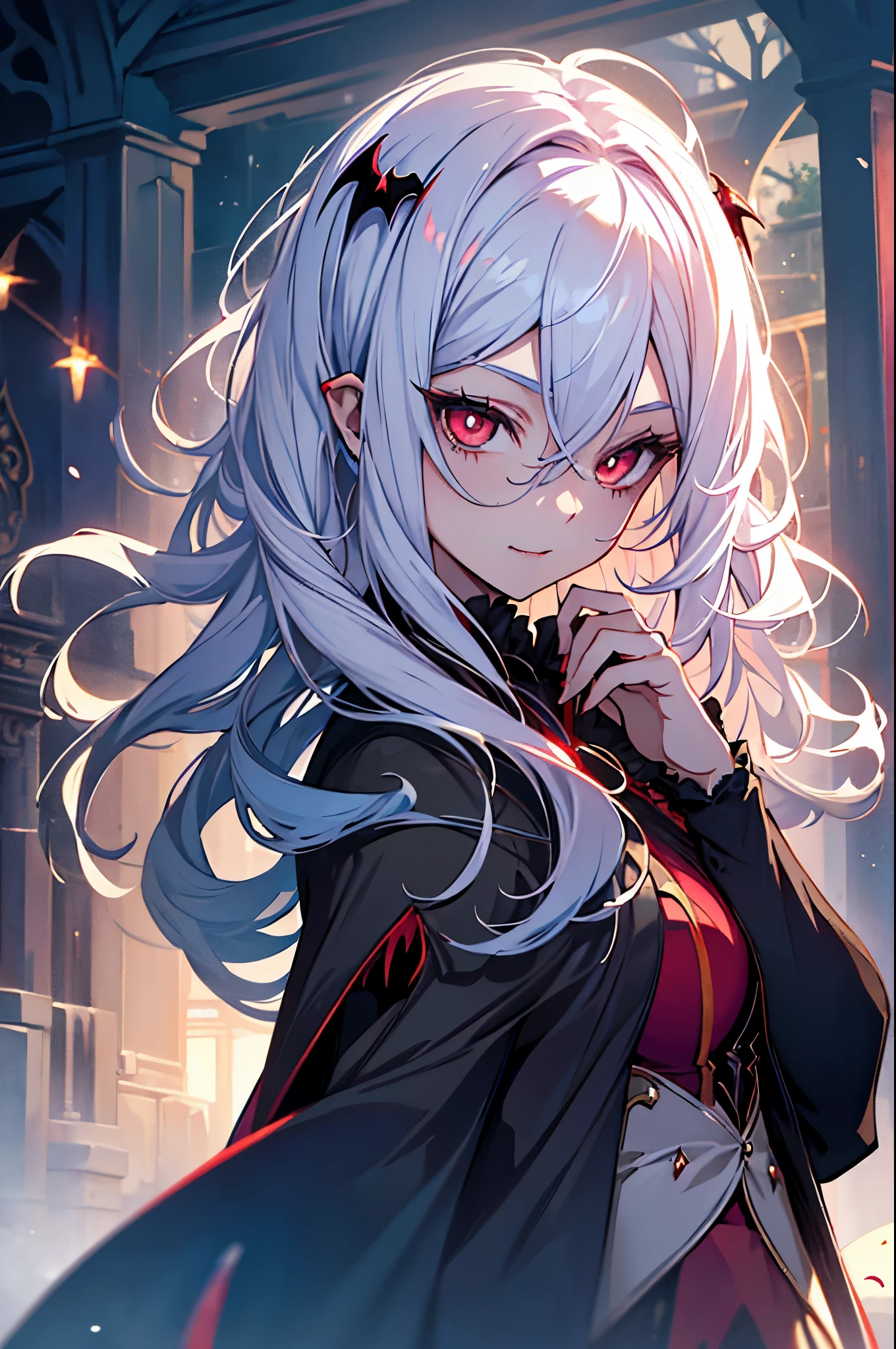 Anime girl with long white hair and red eyes in a black cape - SeaArt AI