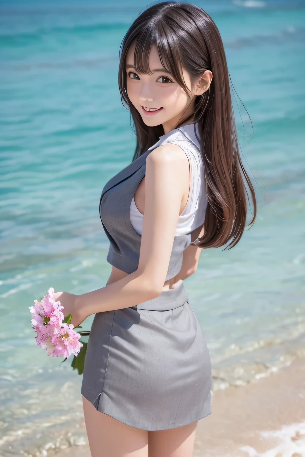 on the table, best quality, illustration, Super detailed, fine details, high resolution, 8k wallpaper, Perfect dynamic composition, Beautiful and delicate eyes,whole body摄影，show your whole body、Vest, suit, Pencil miniskirt, White shirt,s、long gray hair, Bold sexy pose,Smile,Harajuku、20 year old girl、huge :1.5、Look at the sexy shots of the camera, whole body, Rear view、Holding a bouquet of flowers、standing at the beach