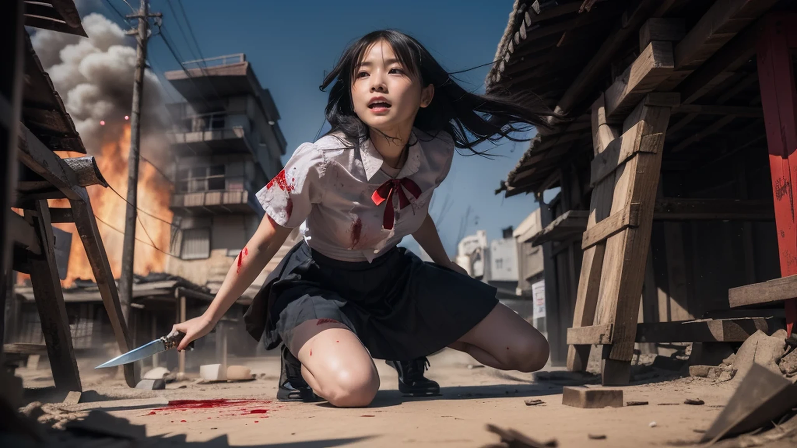 A cover image of a woman in a Thai student uniform fighting fiercely against a horde of zombies wearing different clothing. Blood is splattered, and a baseball bat is hit on the head of the zombies. She is wearing tattered clothes. The scene is dark and atmospheric, with a realistic and fierce style. The background image conveys modern-day Thailand, and a Thai tuk-tuk is also included in the image.