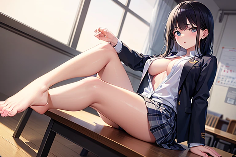 masterpiece, highest quality, 8K, RAW photo, 
1 beautiful Japanese girl, , cute face, (haircut of uniform length:1.2), (one length), Beautiful shiny black hair, straight hair, Clear white skin, pale skin, composed expression, Japanese High School Uniforms, (long pleated check skirt), ((show off nipples under white shirt)), no bra, in the classroom, ((full body to the toes)), She is barefoot, beautiful long legs, sitting on the floor, angle from below, Beautiful Whip thighs, white panties is visible,
The room is dimly lit, evening, dusk, magic hour, 