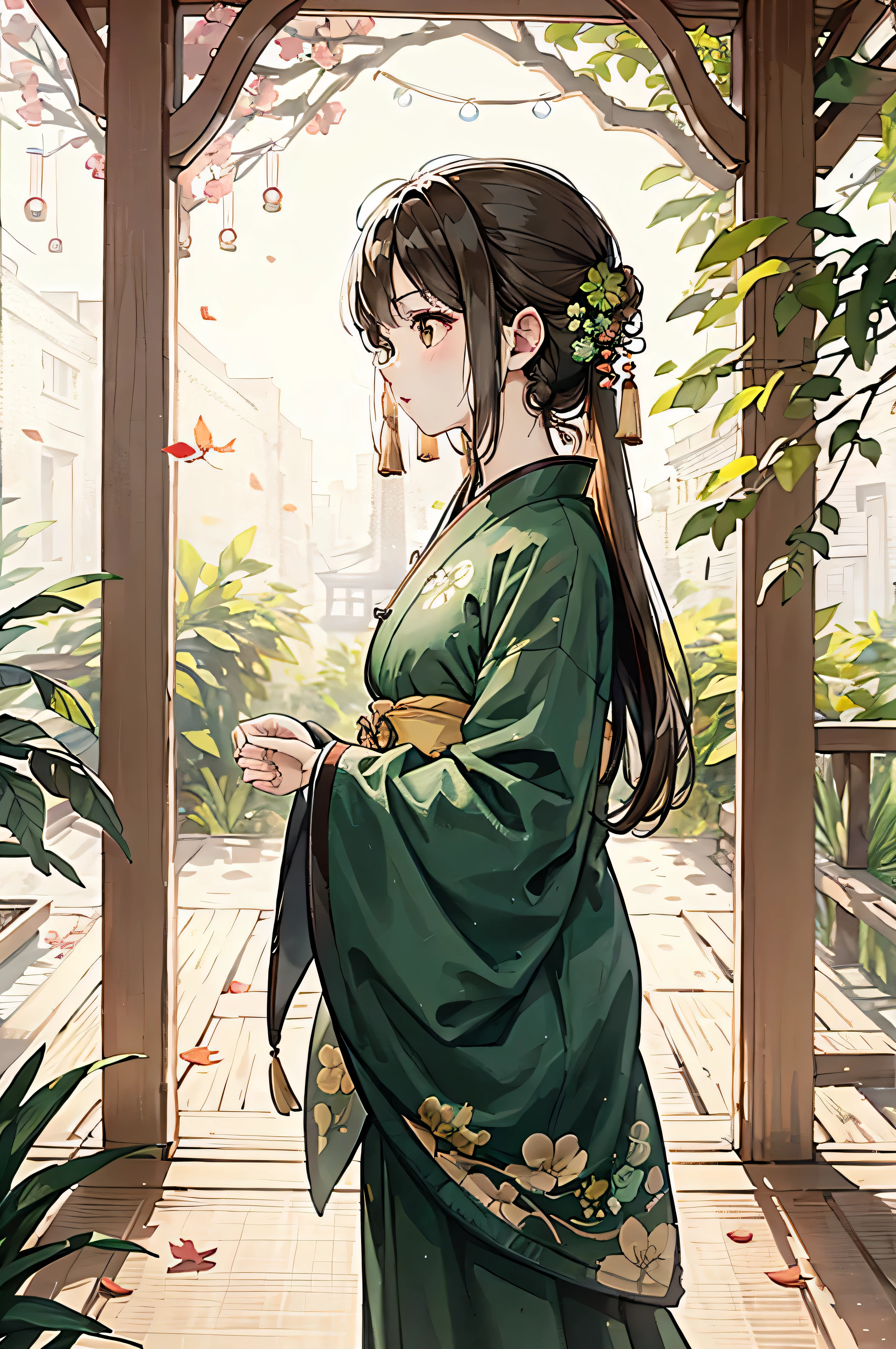 (best picture quality,4K,8k,HD,masterpiece:1.2),Super fine,(lifelike,lifelike,lifelike:1.37),Spring view,archaic庭院,archaic,(green fallen leaves),(green leaf carpet)。Extra details:-The breeze slowly shakes the leaves and branches。-soft的阳Light透过树冠,Shining on the leaves on the ground。- Green leaves floating in the air。-Courtyard decorated with timeless lanterns,Adds a touch of traditional flavor。Art style:Traditional landscape painting,Reminiscent of Chinese ink painting。color palette:green、Brown predominantly。Light:soft,Diffused sunLight casts a warm glow in the courtyard,Create a peaceful and peaceful atmosphere。