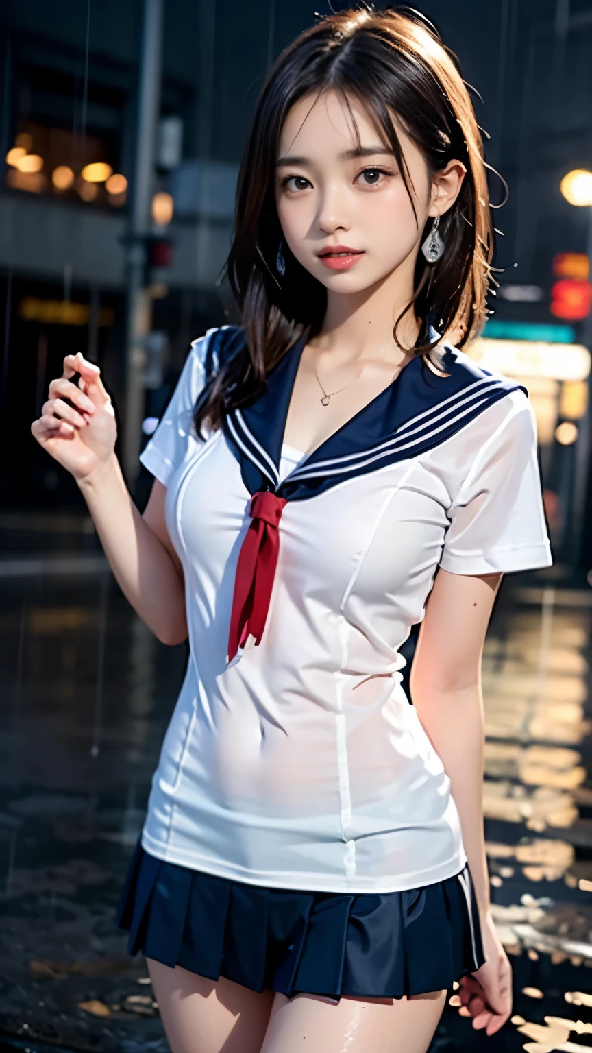 (masterpiece, highest quality:1.2), 8K, official art, RAW photo, incredibly absurd, (whole body, sailor suit:1.4), beautiful girl, 18-year-old、cute face, arch back, navy pleated skirt, close, school uniform, short sleeve, gardenia, violaces, Inside an abandoned building, looking at the viewer, film grain, chromatic aberration, sharp focus, face light, dynamic lighting, cinematic lighting, detailed eyes and face, background bokeh, (1 dark red bow tie:1.2)、(heavy rain、dark sky:1.5)、one girl、blush、look at the viewer、(huge breasts:1.2)、wet hair、shiny hair、wet face、wet skin、wet body、wet costume、flower、hairpin、necklace、earrings、Depth of bounds written、尖ったred mouth、red mouth,clavicle、beautiful fingers、Loosen your tie、cute wet face、Wet clothes that stick to your chest and body、Wet and see-through clothes、short hairstyle