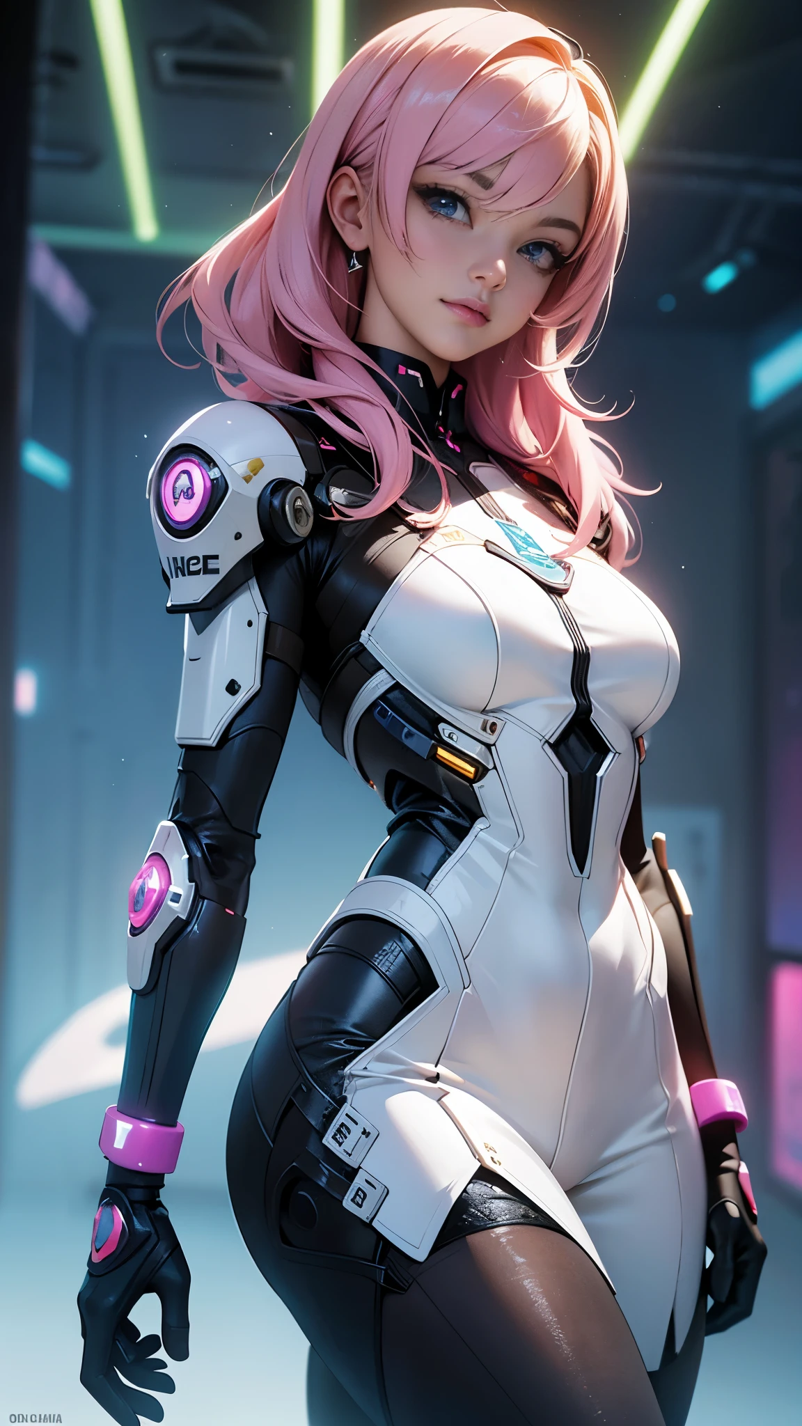 (La mejor calidad,A high resolution,Ultra - detallado,actual),1 chica  Soldado estilo pistola en el fondo, Chica en Mech Blanco, Cyberpunk anime chica mecha, Wearing sci-fi military armor, Hermosa chica blanca cyborg, Cyborg - Chica de plata, Mech blanco de Fira, Eco de Overwatch, Perfecto anime cyborg mujer, Pupilas azules, Cinco dedos, CGhSociety inspirado, (cabello pink) 