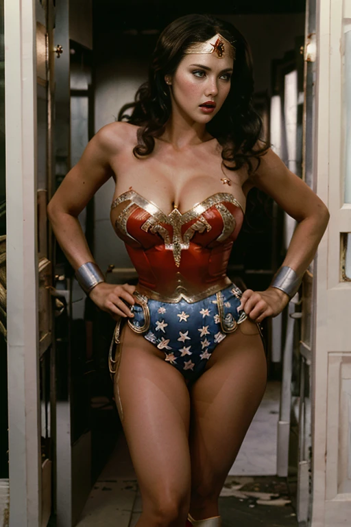 Ultra realistic, masterpiece, high resolution, best quality, beautiful art, 1 woman, solo, Wonder Woman, Lynda Carter, big breasted, cleavage, sexy outfit, alluring body, full body, sexy legs and thighs, beautiful hair, gorgeous eyes, pinned against the wall, distressed and terrified, shocked, begging for mercy, perilous situation