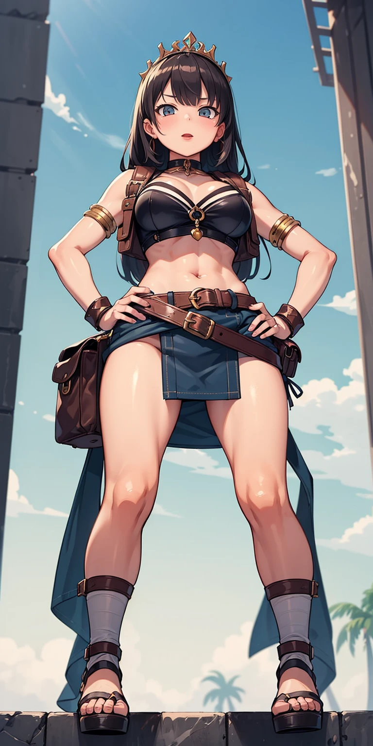 full body, whole body. 1solo (girl). slave fighter, loincloth standing, hands on hips full body, whole body. 1solo (girl). slave fighter, loincloth standing, hands on hips, metal sandals, backpack, choker, big belt, view from below, feet together, bracers, tiara