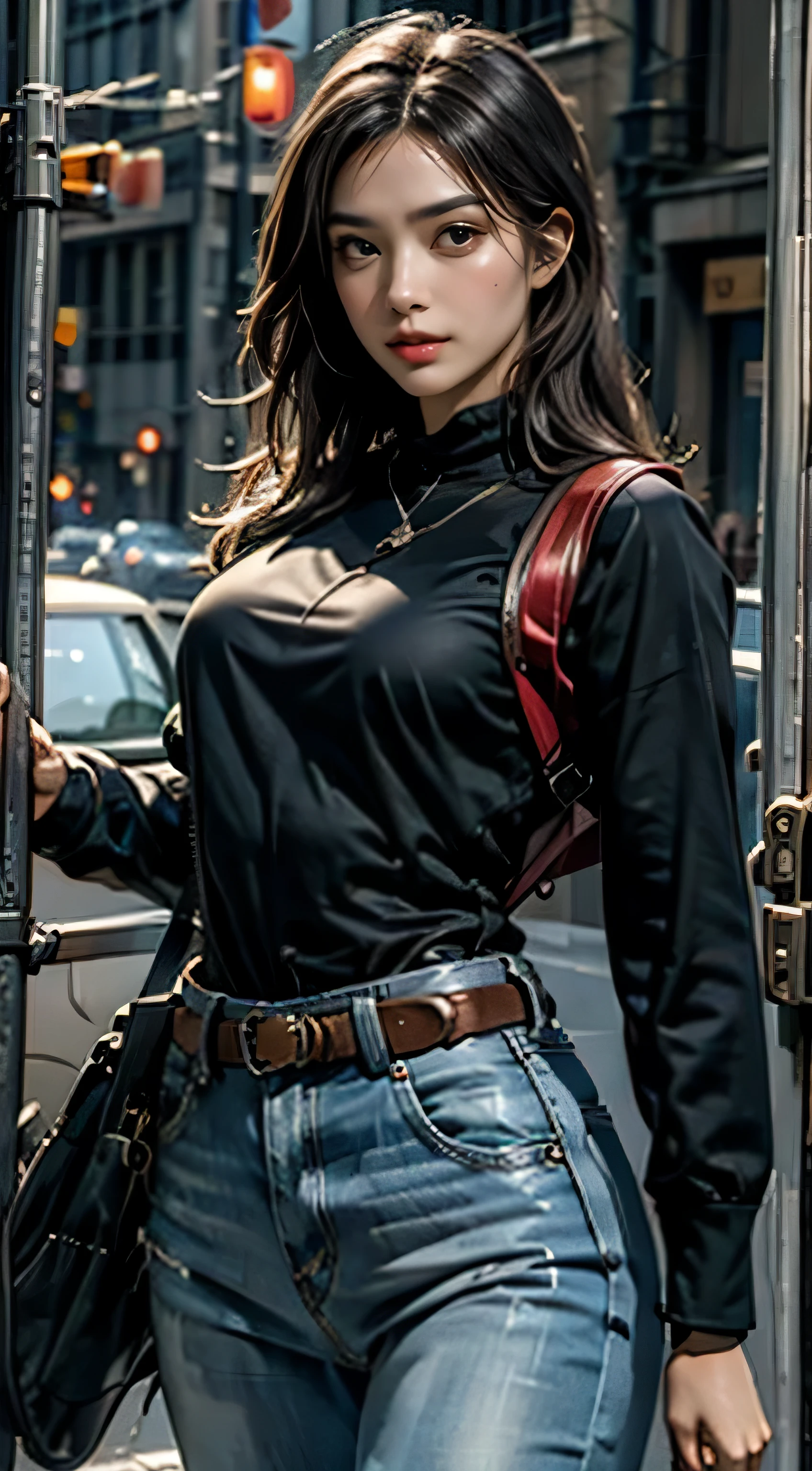 realistic, High resolution, 1 female, alone, sexy, hip up, show viewer, (detailed face), Swat Vest, gun, jewelry,