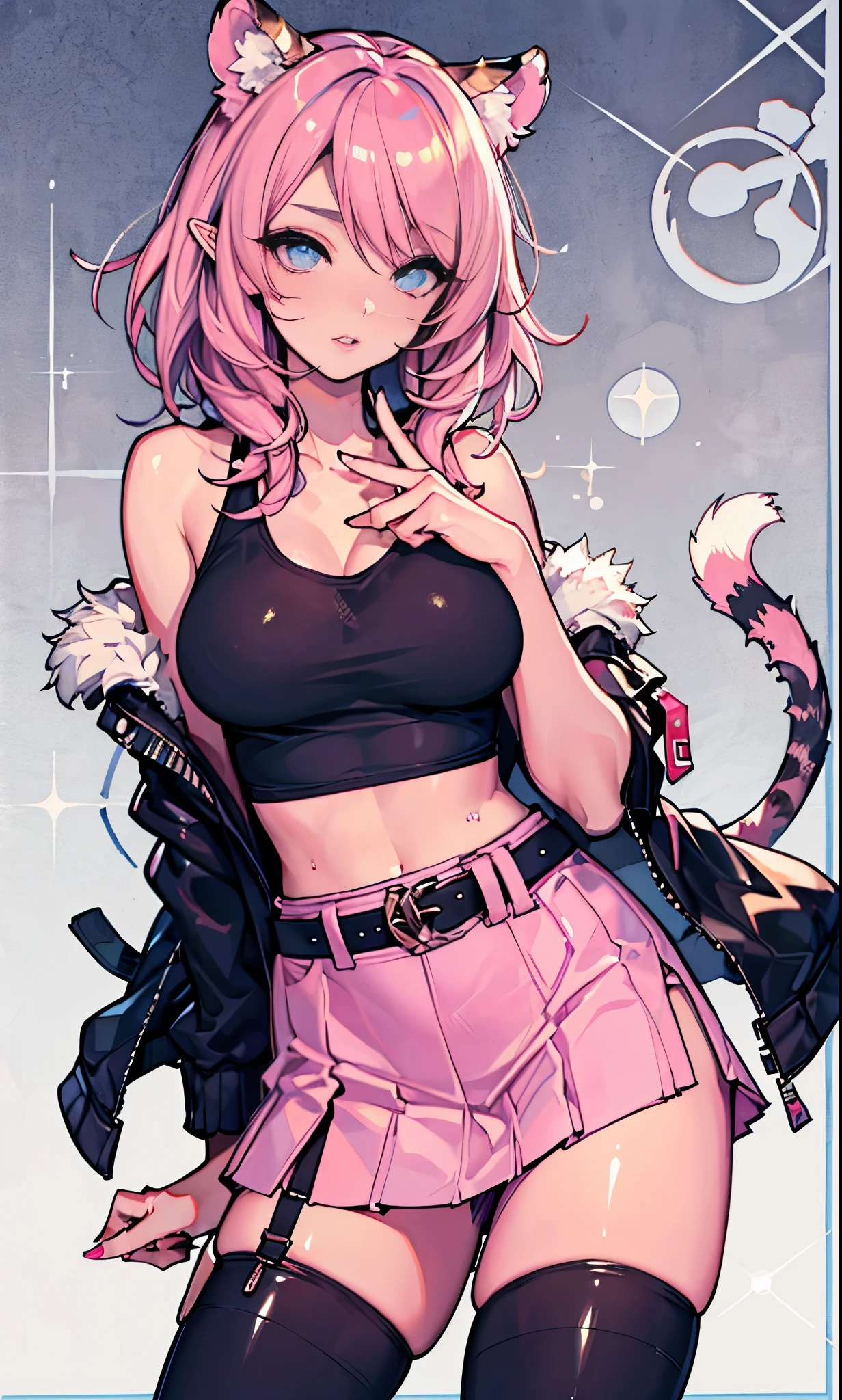 Beautiful woman, Sparkly eyes, false eyelashes, pink lips, big and full breasts, upper arm, Thumb and four fingers, anatomically correct fingers, detailed description, shiny skin, tiger girl, tiger ears, tiger tail, sexy, Tank top, Jacket, belt, mini skirt, black stockings,