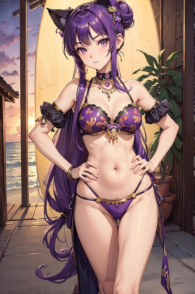 ((best quality)), ((masterpiece)), (detailed), perfect face, girl, purple hair, long hair, tropical beach theme, hands on hips, hair in bun, cat girl, belly dancer outfit, shrine theme, night theme,