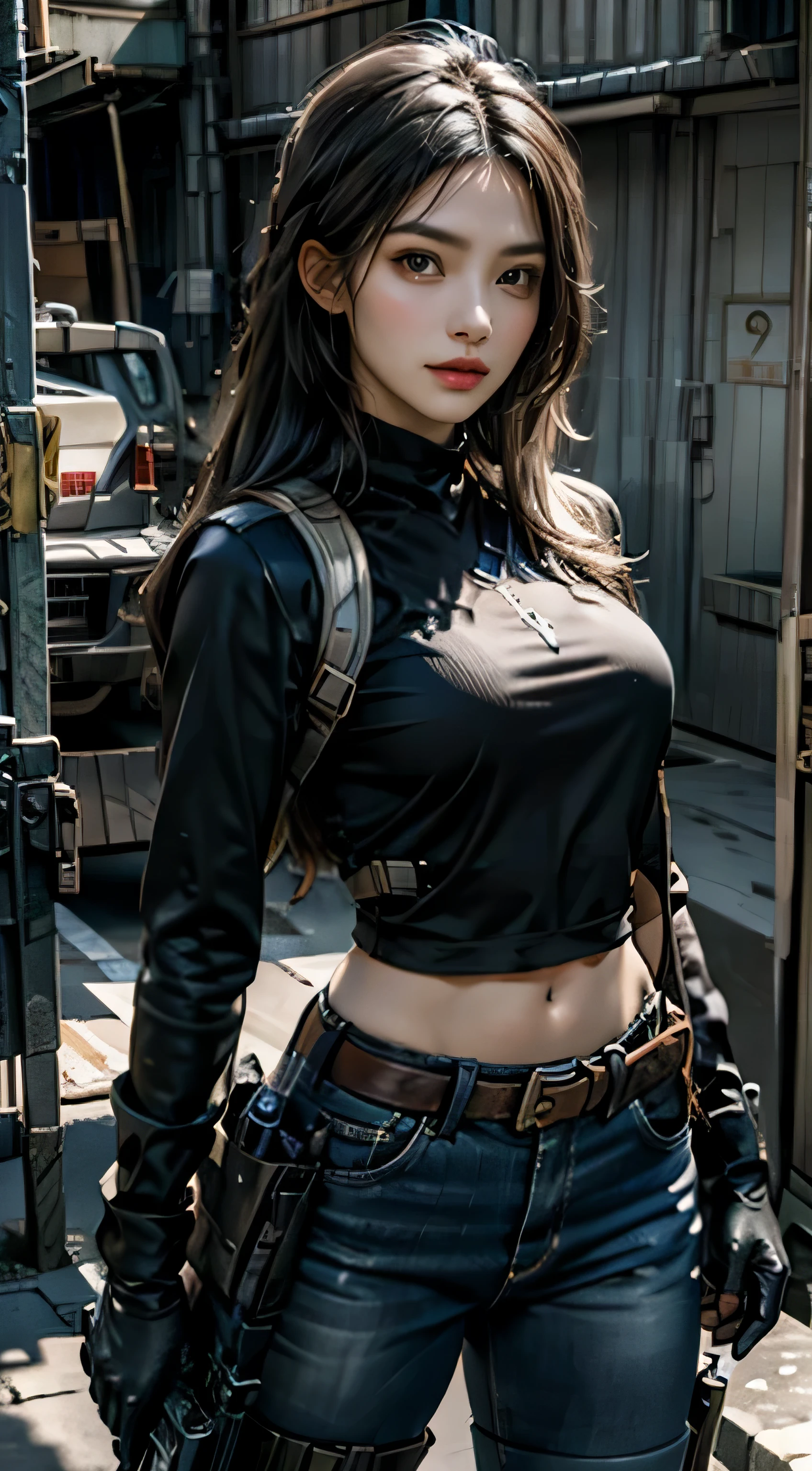 realistic, High resolution, 1 female, alone, sexy, hip up, show viewer, (detailed face), Swat Vest, gun, jewelry,