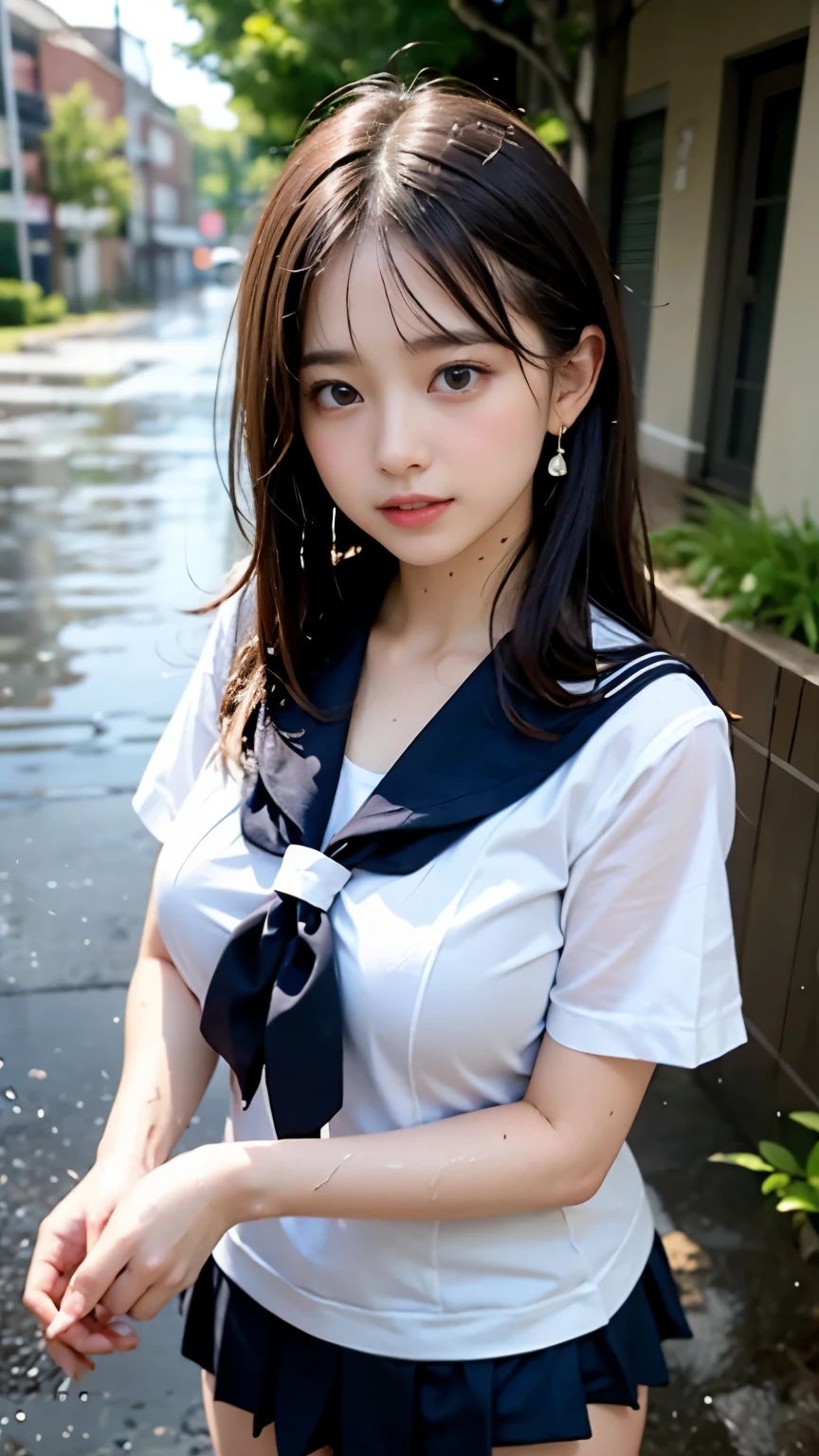 (masterpiece, highest quality:1.2), 8K, official art, RAW photo, incredibly absurd, (whole body, sailor suit:1.4), beautiful girl, 18-year-old、cute face, arch back, navy pleated skirt, close, , short sleeve, gardenia, violaces, pool、sit on a chair、looking at the viewer, film grain, chromatic aberration, sharp focus, face light, dynamic lighting, cinematic lighting, detailed eyes and face, background bokeh, (1 dark red bow tie:1.2)、(heavy rain、dark sky:1.5)、one girl、blush、look at the viewer、(huge breasts:1.2)、wet hair、shiny hair、wet face、wet skin、wet body、wet costume、flower、hairpin、necklace、earrings、Depth of bounds written、尖ったred mouth、red mouth,clavicle、beautiful fingers、Loosen your tie、cute wet face、Wet clothes that stick to your chest、Wet and see-through clothes、short hairstyle、view from above